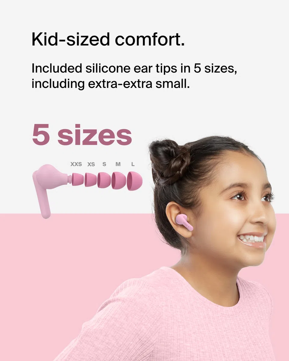 Słuchawki Douszne Bluetooth Dla Dzieci Belkin Soundform Nano 2 Z Wbudowanym Mikrofonem, 28 H Pracy Na Baterii, Bezpieczna Głośność 85 Db, Wodoodporność Ipx5 – Do Iphone'A, Ipada, Galaxy – Różowe