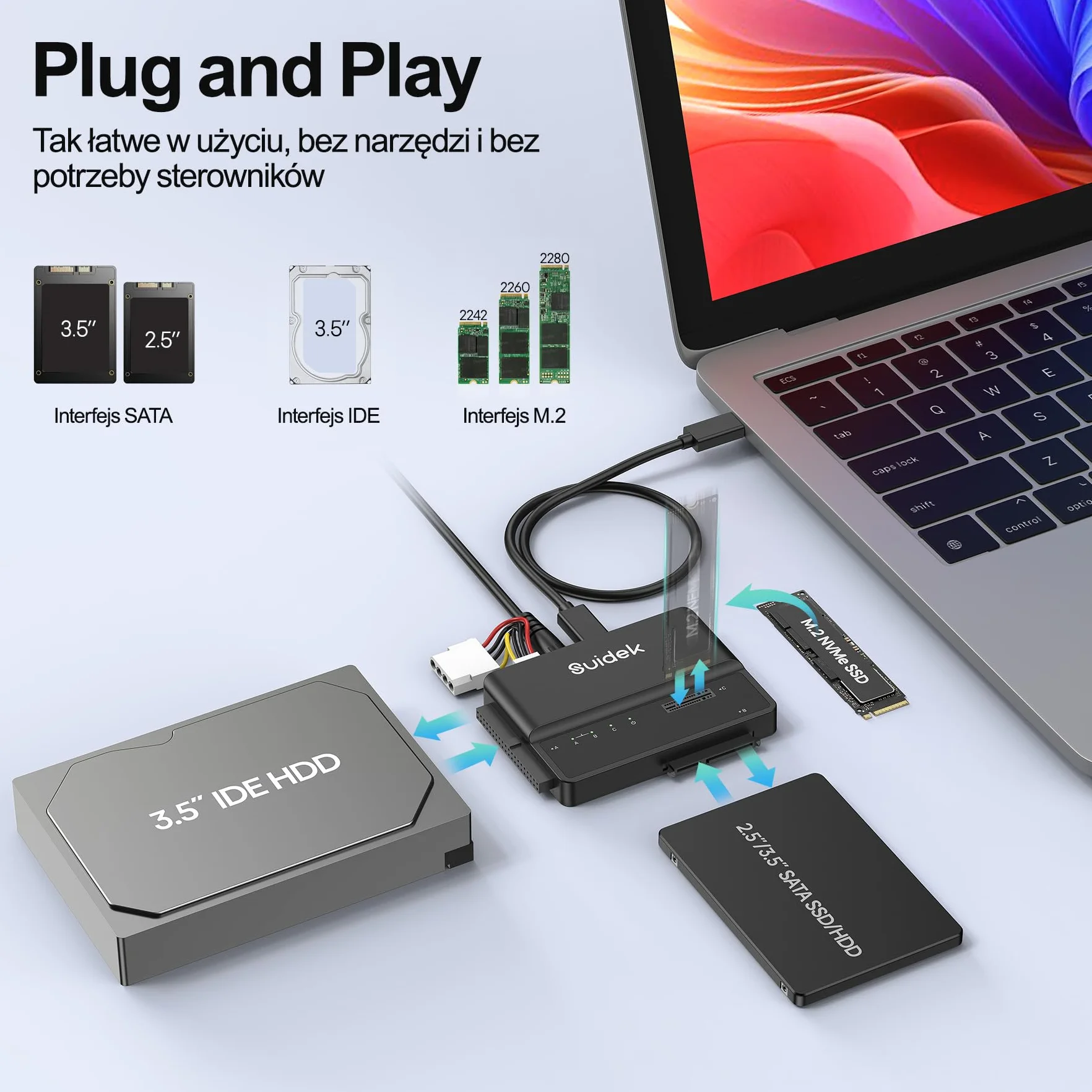 SUIDEK NVMe M.2 na SATA adapter USB 10 Gb/s, czytnik dysków twardych, bezpłatny adapter PCIe NVMe, SATA i IDE konwerter obsługuje M Key, SSD 2.5/3.5 i 3.5 IDE HDD
