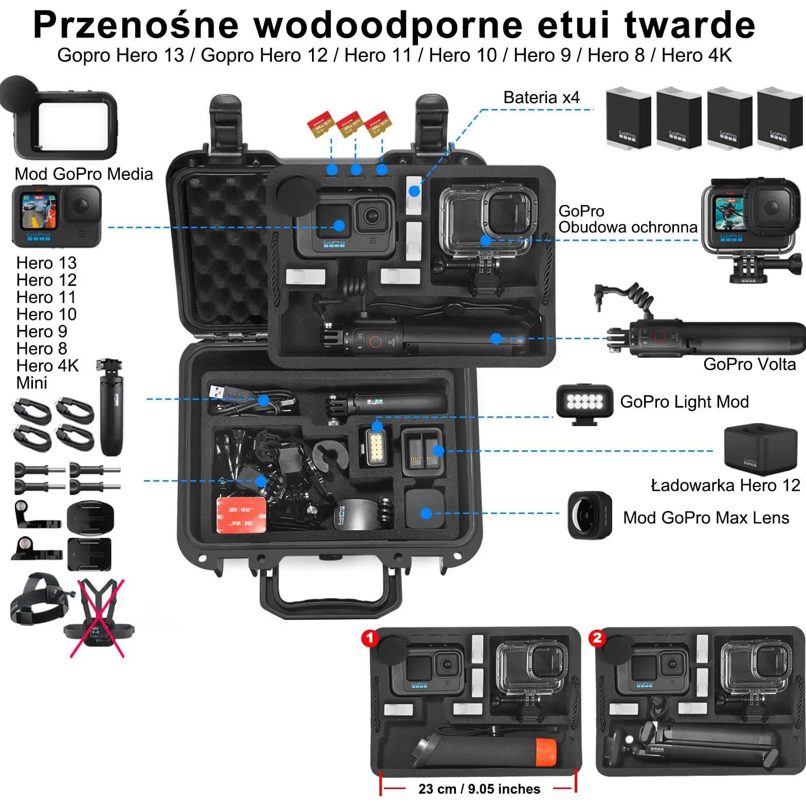 Lekufee Wodoodporna walizka do kamery GoPro Hero 13/12/11/10/9/8, LIT Hero,Hero 4K,Media Mod/Volta/Creator Edition/Action Camera oraz innych akcesoriów (Tylko etui)
