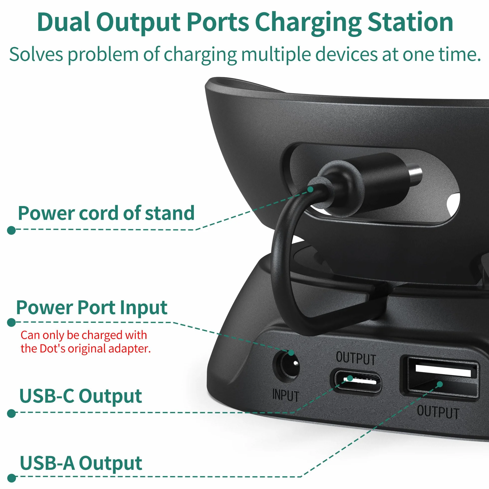 PlusAcc Stojak do Dot 4./5. generacji i telefonu - podstawa uchwytu z portem ładowania USB-C i USB-A do słuchawek i telefonów komórkowych (czarny) BEZ BATERII