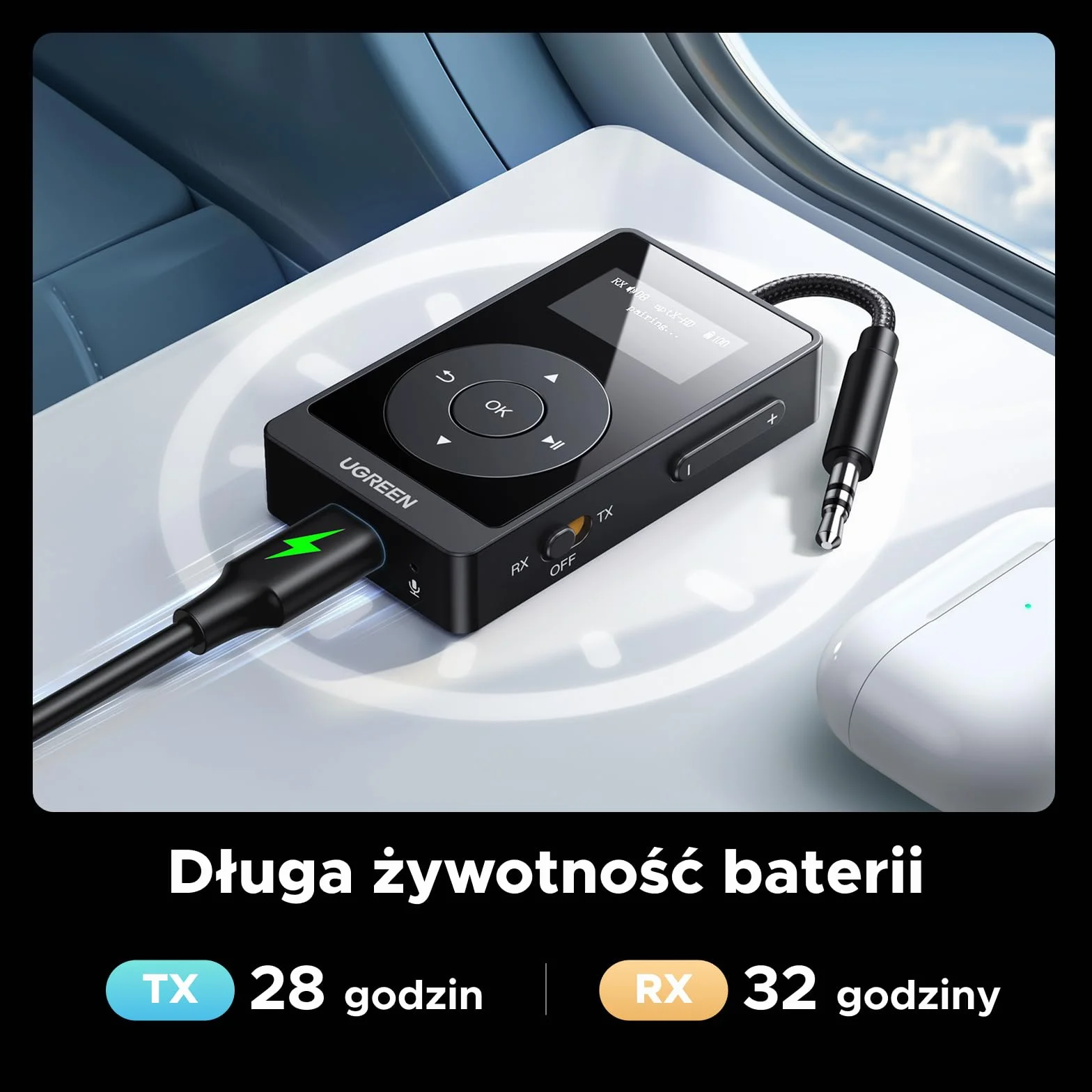 UGREEN aptX AD-HQ Bluetooth Transmitter Jack Adapter Bluetooth ze wskaźnikiem LED dla 2 słuchawek Airpods,nadajnik-odbiornik kompatybilny z TV,samolotem,samochodem,32-godzinna żywotność baterii