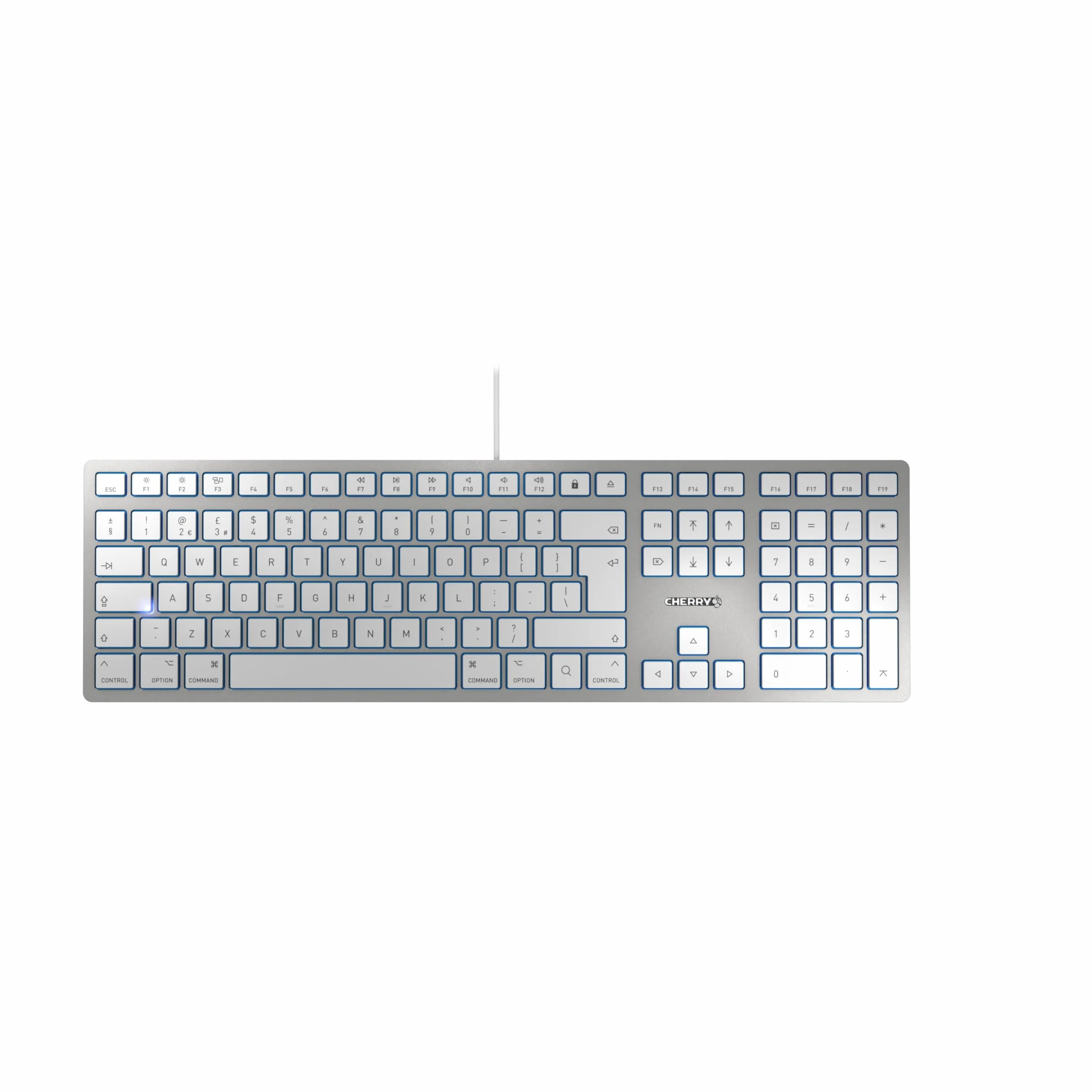CHERRY KC 6000 SLIM FOR MAC, przewodowa klawiatura Mac (złącze USB-A), układ UK (QWERTY), ciche klawisze, płaska konstrukcja, biało-srebrna