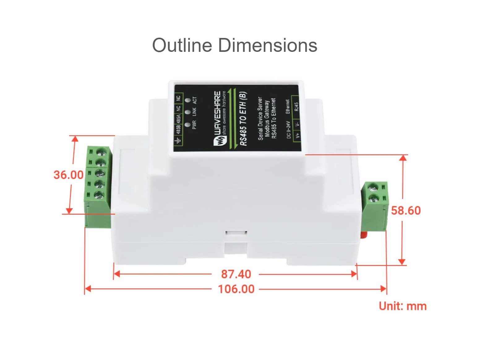 Waveshare RS485 do RJ45 Moduł Konwertera Ethernetu, Industrial Rail-Mount RS485 Serial Server, TCP/IP do modułu szeregowego, 300~115200 BPS Baurate, 10/100M Auto-Negotiation RJ45 Connector