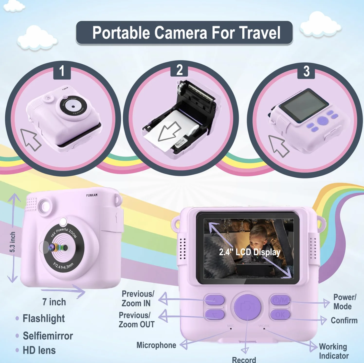 Aparat fotograficzny dla dzieci Natychmiastowe drukowanie,- 2,4" HD 1080P- z kartą SD 32GB, 5 markerów, naklejki, 5 rolek papieru, wisiorek. Aparat dla dzieci i dziewcząt. (Fioletowy)