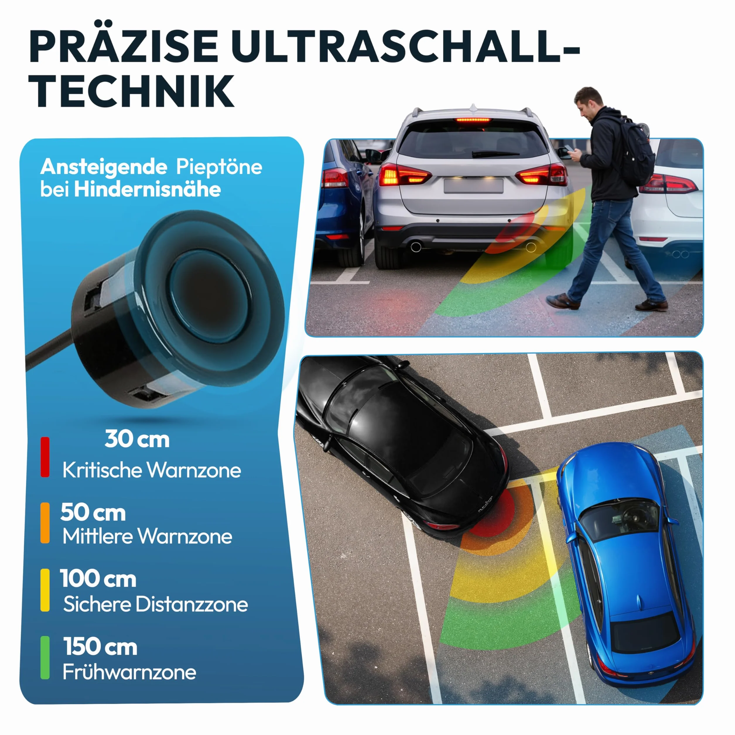 VSG® Pomoc przy parkowaniu z akustycznym nadajnikiem sygnału i 4 czujnikami w kolorze czarnym do tyłu