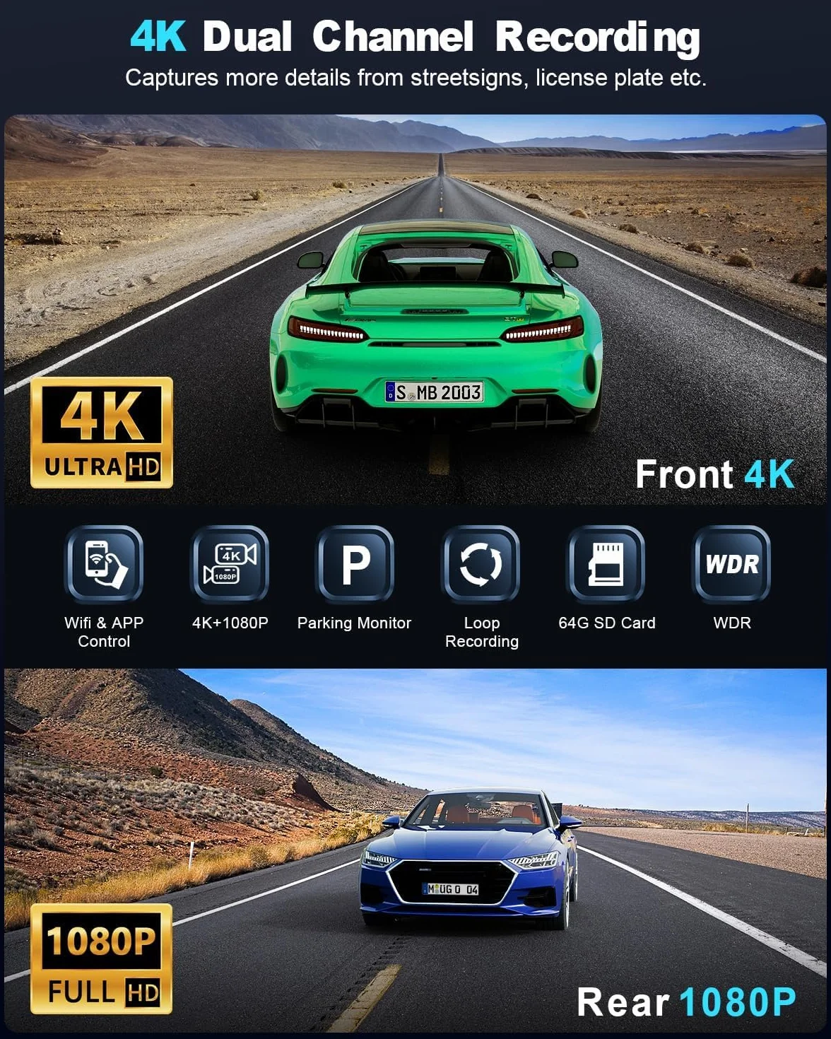 Kamera samochodowa 4K+1080P,z kamerą przód-tył do samochodu, kartą SD 64 GB, Wi-Fi, inteligentnym sterowaniem, WDR, trybem widzenia nocnego, trybem parkowania, czujnikiem G, nagrywaniem w pętli