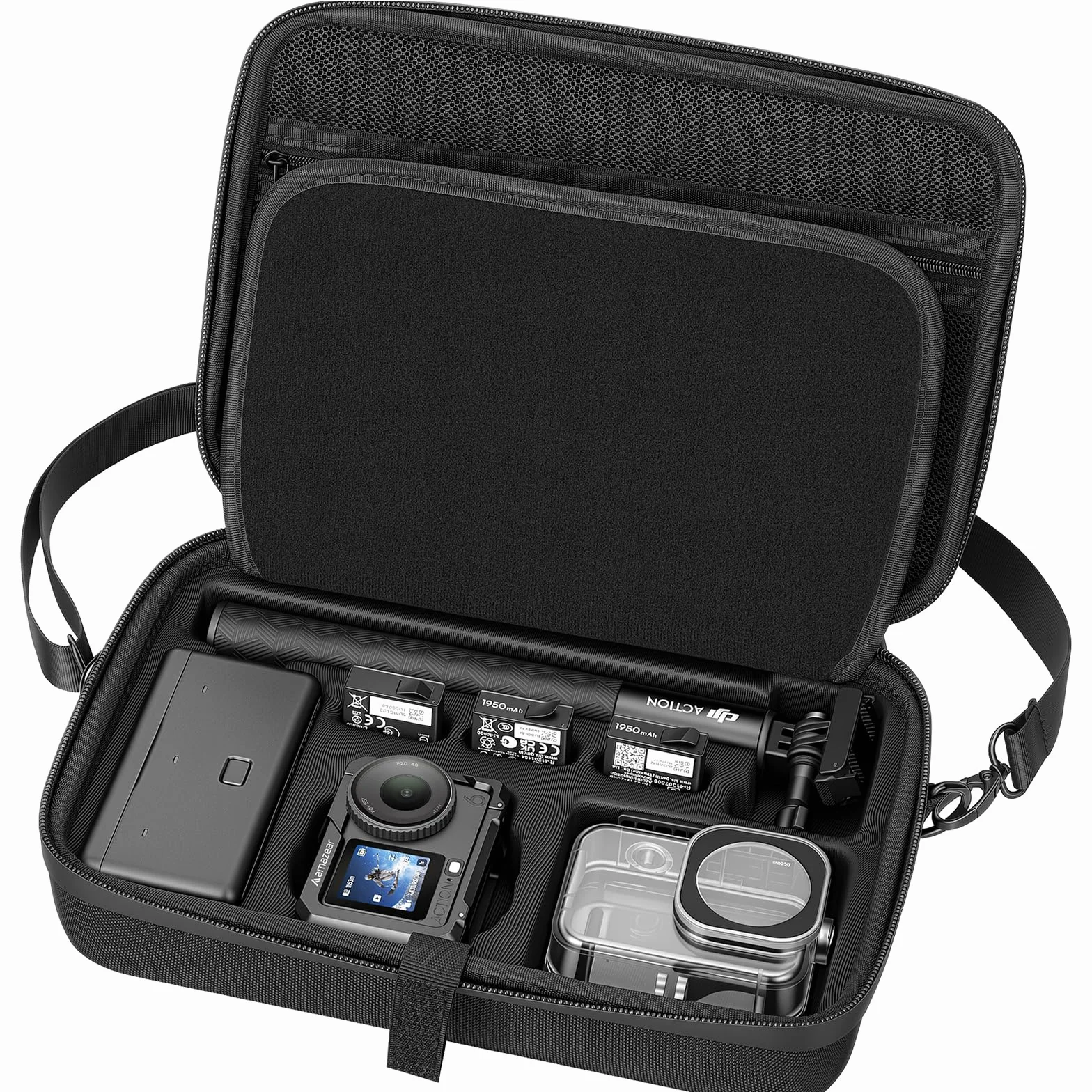 AMAZEAR Przenośny futerał do DJI Action 6, twarda obudowa z paskiem na ramię torba podróżna do akcesoriów DJI Osmo Action 6, kompaktowy wodoodporny organizer