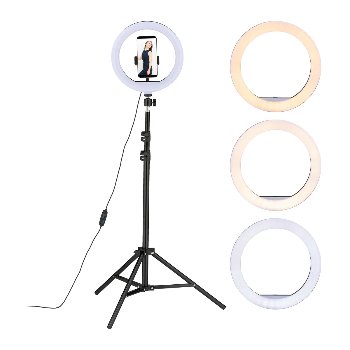 Relaxdays lampa pierścieniowa ze statywem 10 cali, ściemniana, do makijażu, fotografii, wideo, oświetlenie pierścieniowe, telefon, kolor biały/czarny