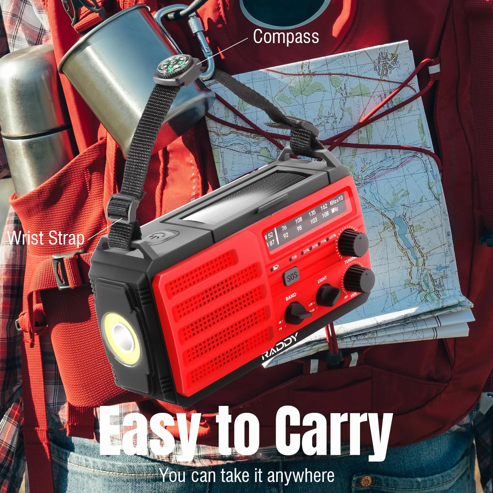 [10000 mAh] Raddy SW10 Radio awaryjne, korbka słoneczna, radio AM FM z akumulatorem ładowanym przez panel słoneczny, latarka, alarm SOS i kompas obozowania i w przypadku huraganu na zewnątrz