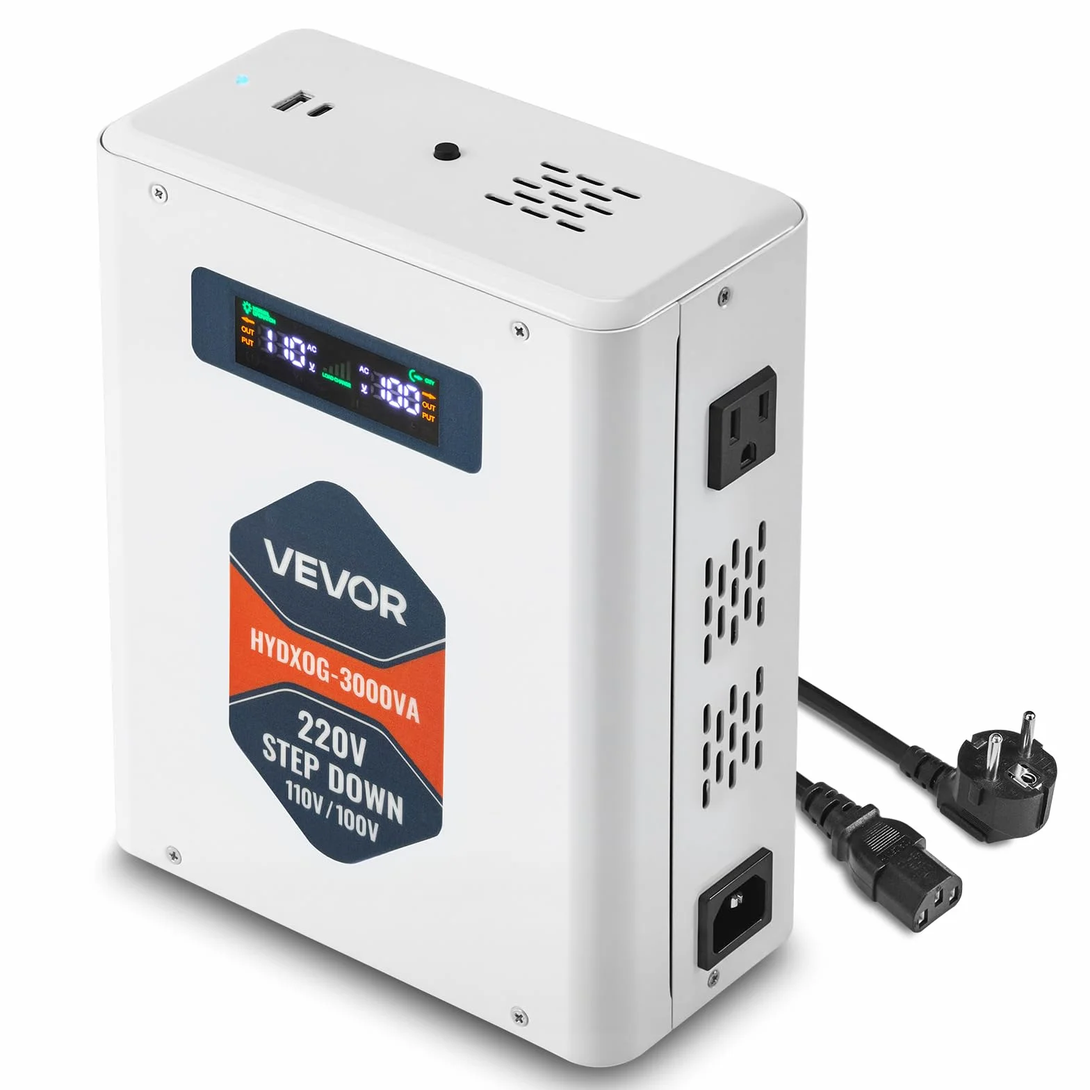 VEVOR Przetwornica napięcia Step-Down 3000 VA, Heavy Duty Transformator mocy 220 V na 110 V z 2 gniazdami USA, wyjściem USB, wyświetlaczem LCD, ochroną temperatury