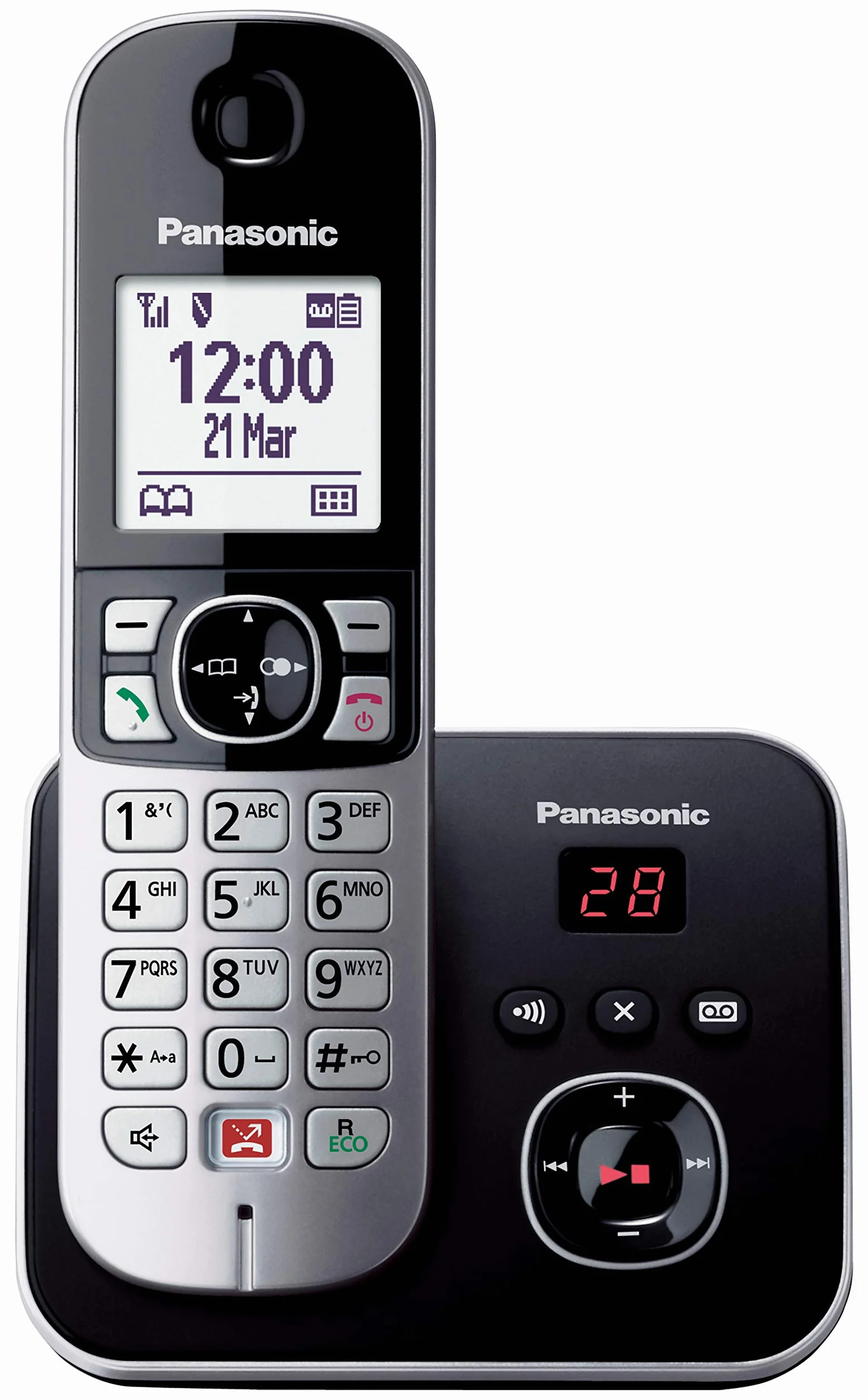 Panasonic KX-TG6861JTB Cyfrowy bezprzewodowy telefon z cyfrową sekretarką telefoniczną, podstawą i pojedynczym odbiornikiem, identyfikatorem połączeń, blokowaniem połączeń, automatycznym blokowaniem