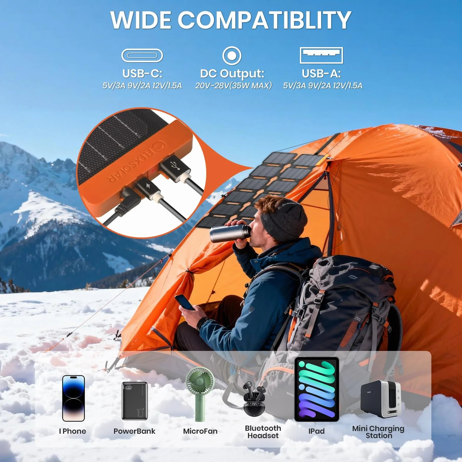 Flexsolar Mini składana ładowarka solarna 36 W, wodoszczelny, panel słoneczny z filmu E, USB-A/USB-C/DC