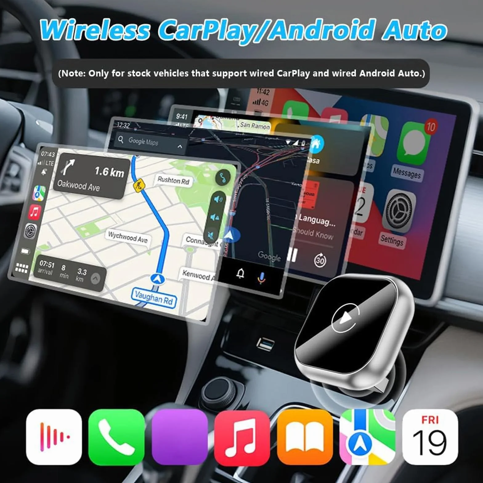 Adaptador CarPlay dla SsangYong KGM Torres, USB Conexión Rápida y Stabilny Bluetooth Bezprzewodowe WiFi Plug Play Akcesoria samochodowe, A/Czarny