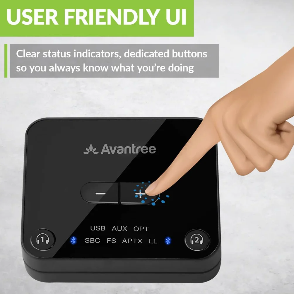Avantree Audikast Plus - nadajnik audio Bluetooth 5.3 do telewizora ze zwiększoną głośnością optyczną, niskim opóźnieniem i adaptacją aptX, rozszerzonym zasięgiem 30 metrów, podwójnym łączem