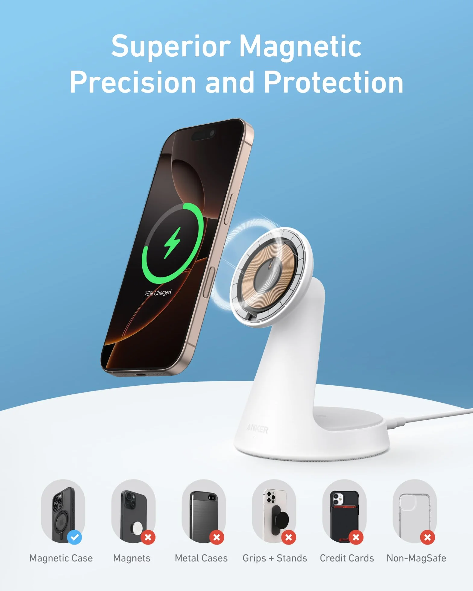 Ładowarka Anker MagGo MagSafe kompatybilna z 2 w 1, certyfikat Qi2, podstawka do szybkiego ładowania 15 W, regulowana i stabilna, do iPhone'ów 16/15/14/13/12, AirPods Pro i innych (bez zasilacza)