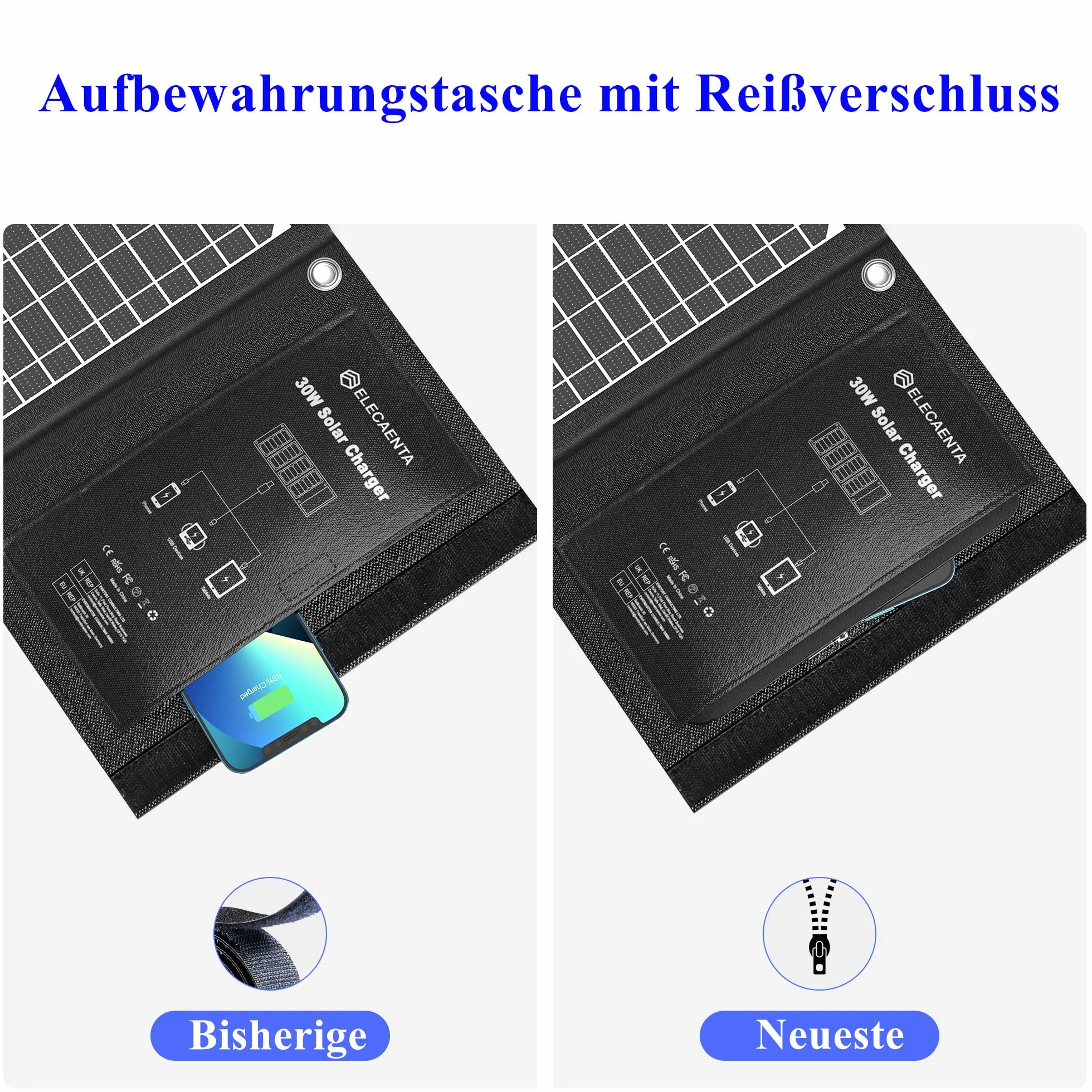 ELECAENTA 30W ETFE Przenośna Ładowarka Solarna 3 Porty USB PD18W QC3.0 USB-C Zamek Panel Słoneczny Przenośny Zestaw Paneli Słonecznych Wodoodporny dla Telefonów Komórkowych Smartfonów Tablet Powerbank