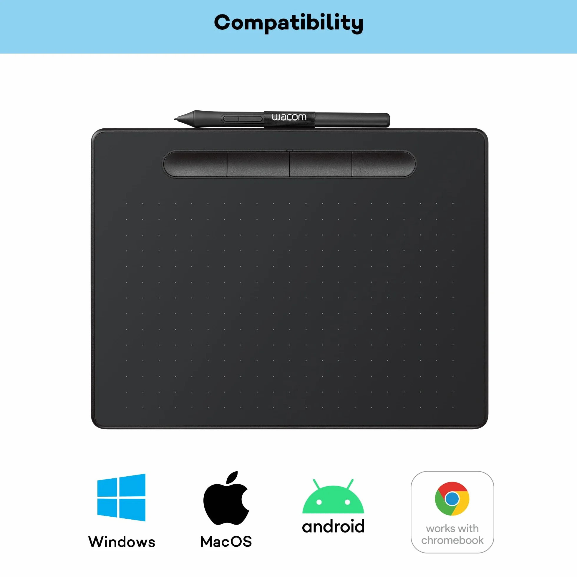 Wacom Intuos Medium Tablet Graficzny - Cyfrowy Tablet do Malowania, Szkicowania i Edycji Zdjęć, W Zestawie z Ultraczułym Piórem, Odpowiedni do Pracy i Nauki Zdalnej, Czarny