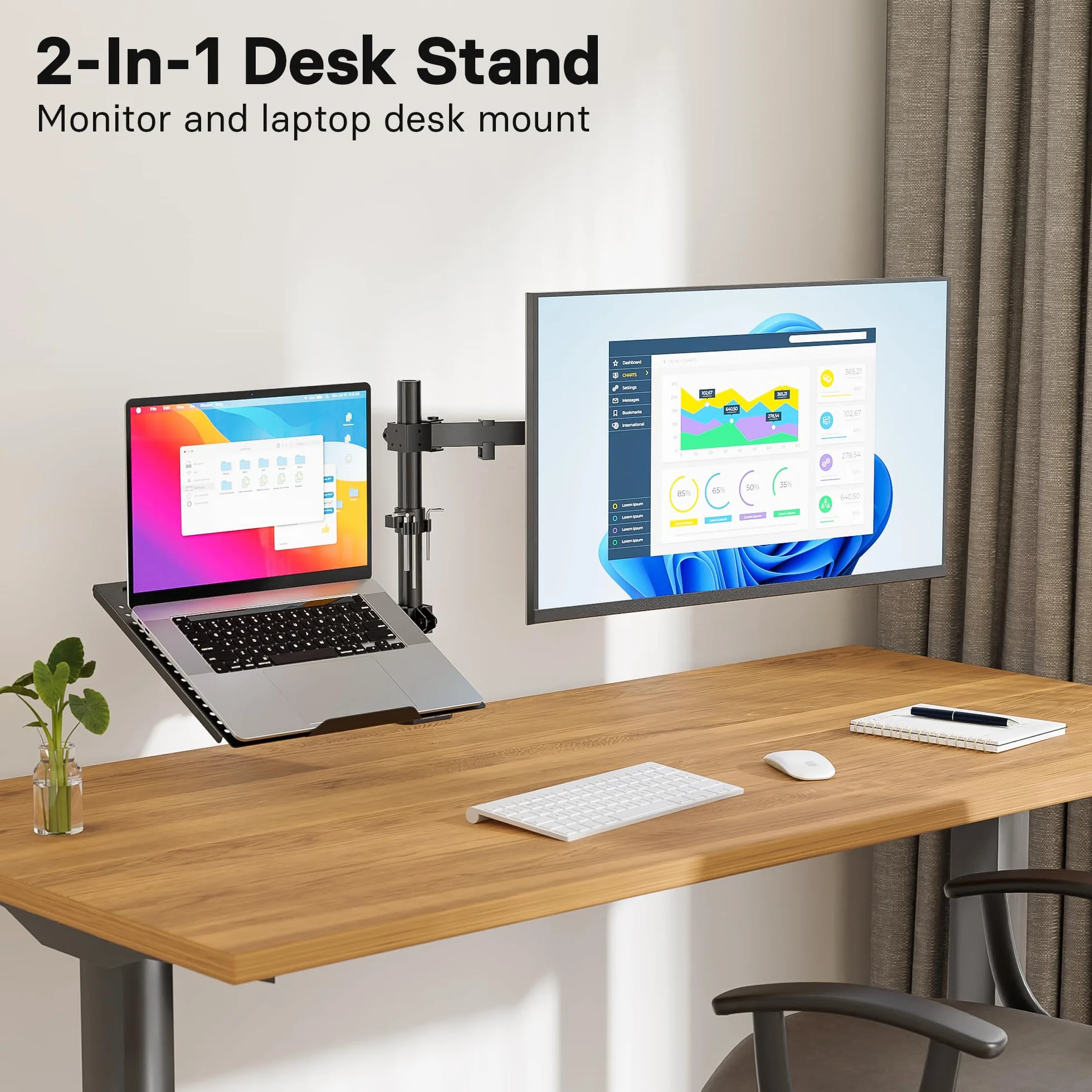 REDBAT Ramię Monitora z Tacą na Laptopa - Regulowane Stojak na 2 Ekrany 13-32" LCD/LED do 8kg, Taca na Laptopa do 16", Nachylenie ±45°, Obrót ±90°, Rotacja 360°, VESA 75x75-100x100mm, 2 Opcje Montażu