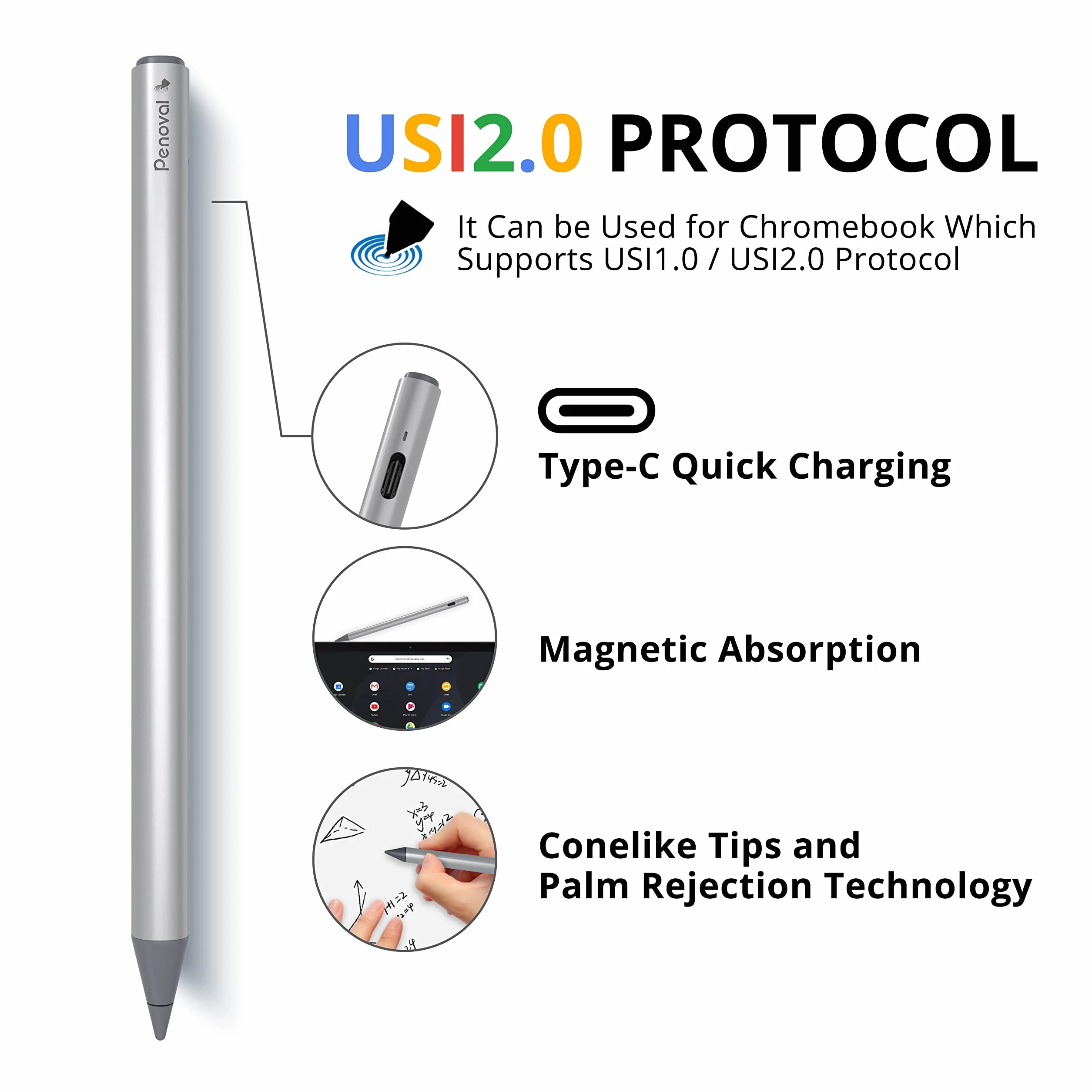 Penoval Rysik USI 2.0 – 4096 nacisk, magnetyczny, do tabletu Google Pixel, Amazon Fire Max 11, Lenovo Chromebook Duet, HP Chromebook X360 14b, w zestawie zapasowe końcówki
