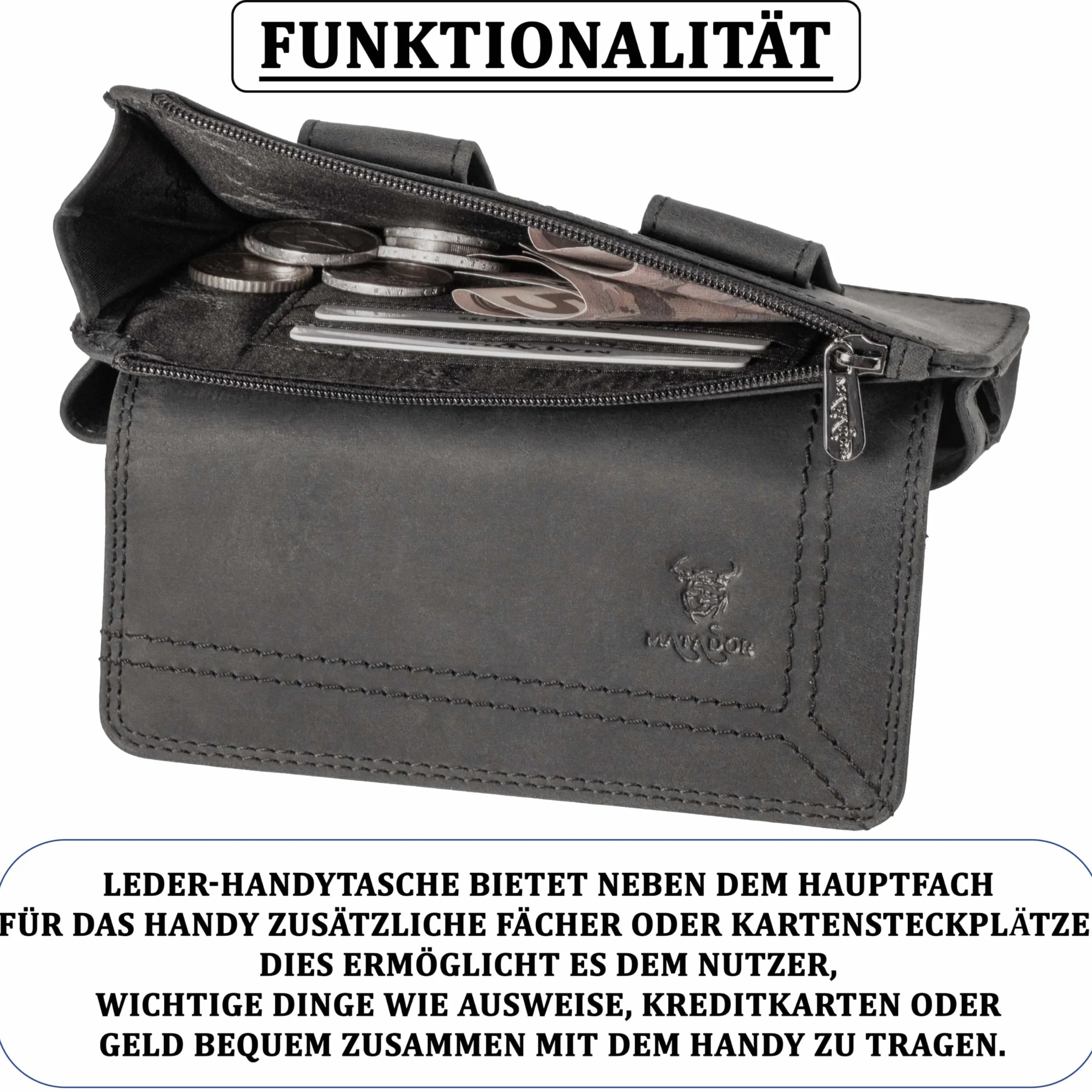 MATADOR Brisbane, 2 w 1, z prawdziwej skóry, z kieszenią na zamek błyskawiczny, z eleganckim pudełkiem na prezent i ochroną RFID, eleganckie etui na telefon komórkowy ze skóry do 6,9 cala, w kolorze