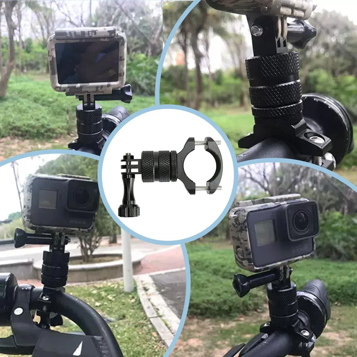 Uniwersalny aluminiowy uchwyt na kierownicę do kamery sportowej - obrót o 360 stopni do roweru i motocykla, pasek mocujący rurę, adapter montażowy (ulepszony model czarny)