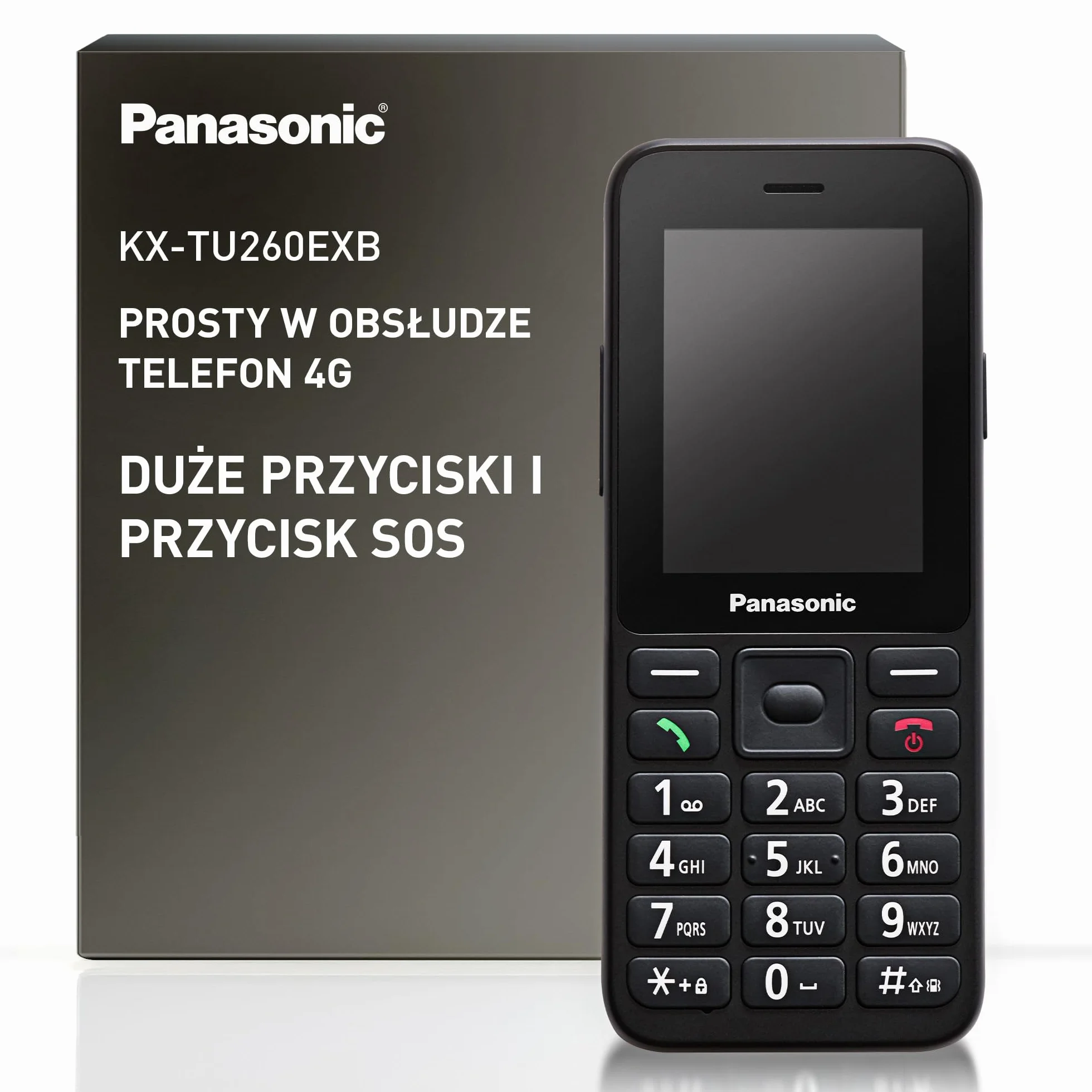 Panasonic KX-TU260EXB Telefon komórkowy 4G duże przyciski IP44 USB C czas rozmowy 7,5h ekran 2,4 cala czarny