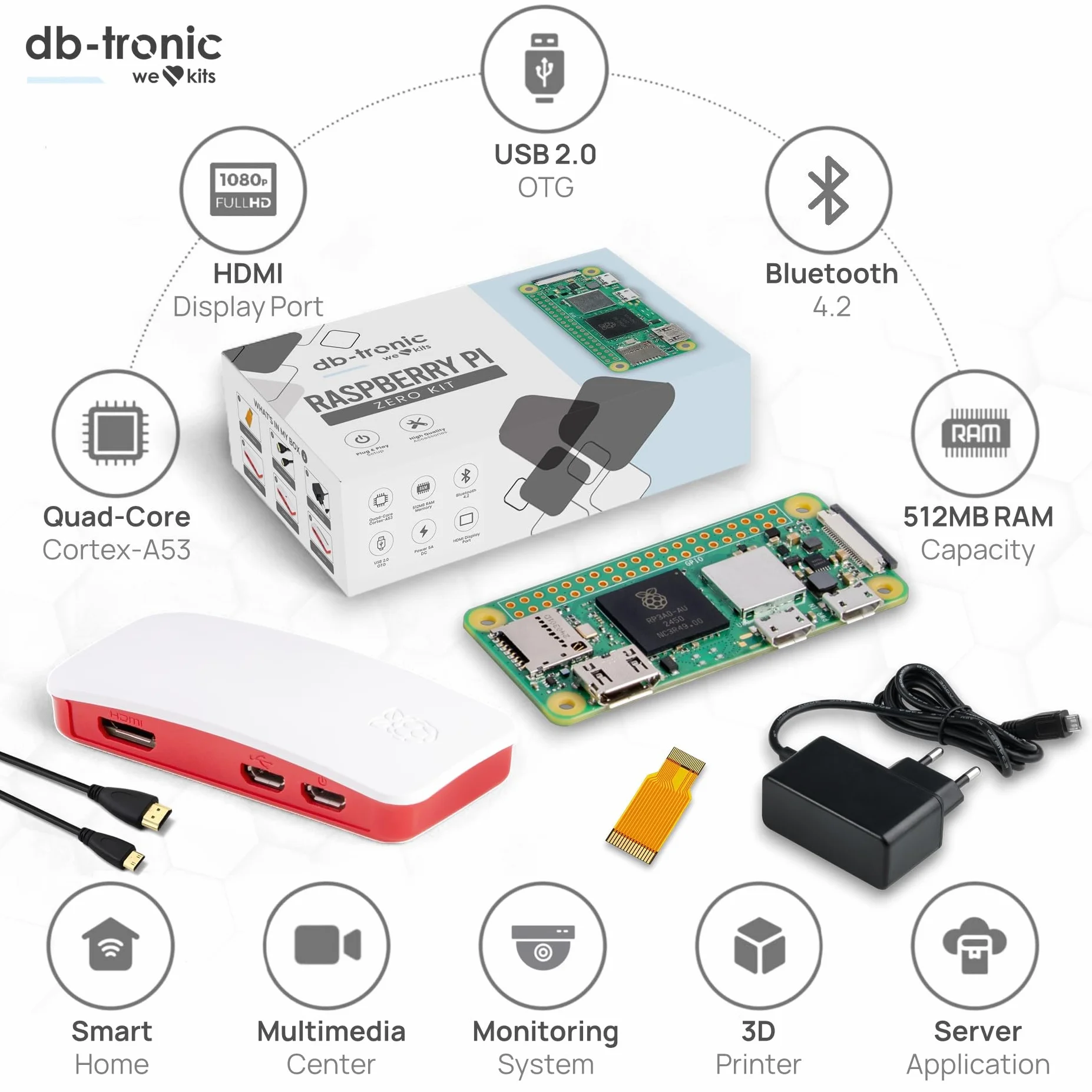 db-tronic Raspberry Pi Zero 2 W 512 MB Starter Kit | Zasilacz 13 W | Obudowa z 3 osłonami | Mini HDMI | Kabel do kamery | Gumowe nóżki | idealny do Home Assistant i smart home