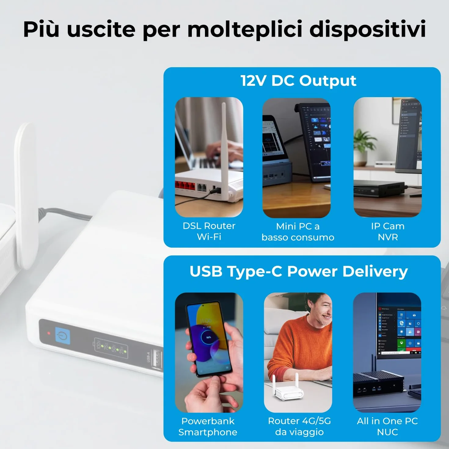 VulTech UPS60PWTC-DC Mini UPS 4350 mAh 60 W przenośny zasilacz awaryjny do routera modemu Power Bank Smartphone biały