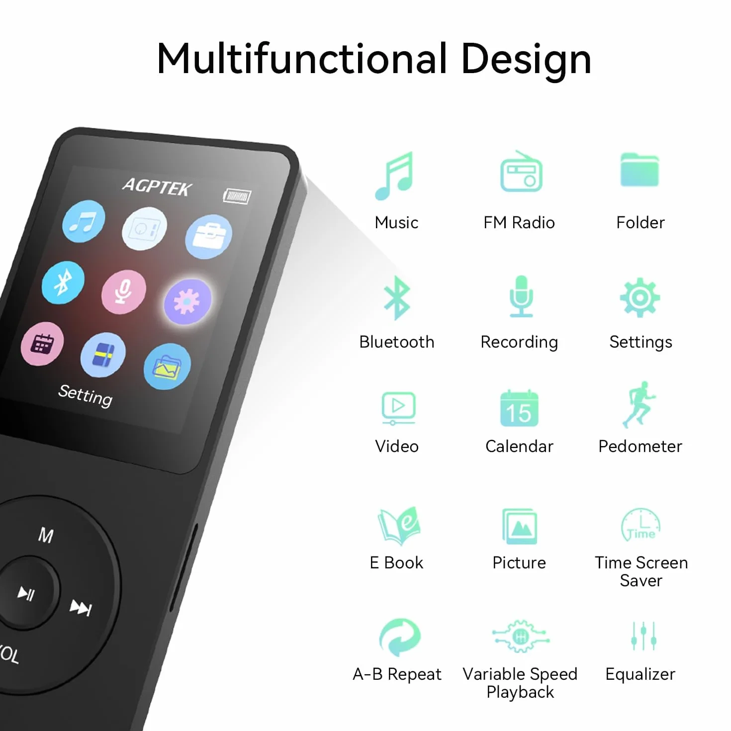 AGPTEK Odtwarzacz MP3 32 GB Bluetooth 5.0, 1,8" 70 godzin odtwarzania cyfrowy dziecięcy odtwarzacz MP3 z radiem FM, do 128G (bez słuchawek) czarny