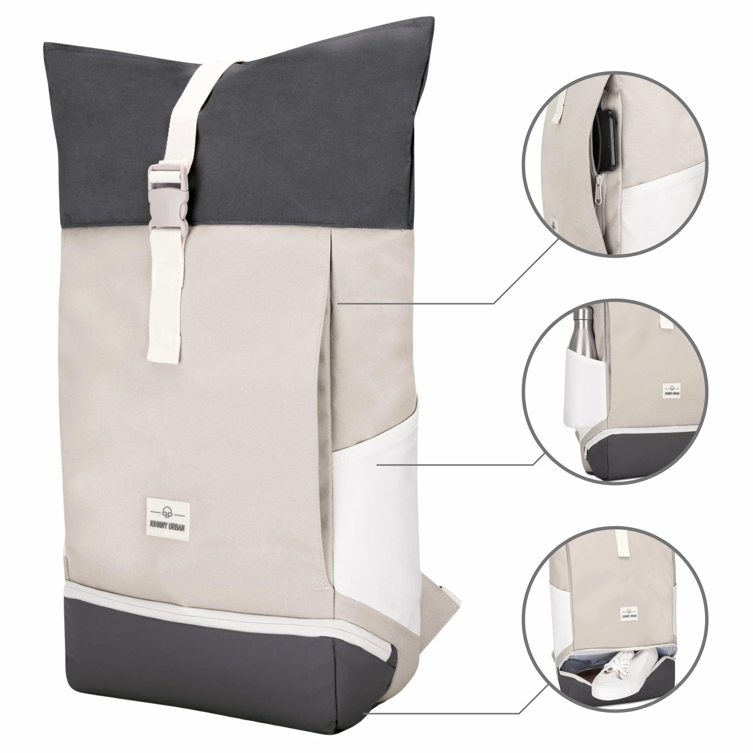Johnny Urban Plecak Allen Medium 15 l zwijany top z kieszenią na laptopa wodoodporny piaskowy/szary