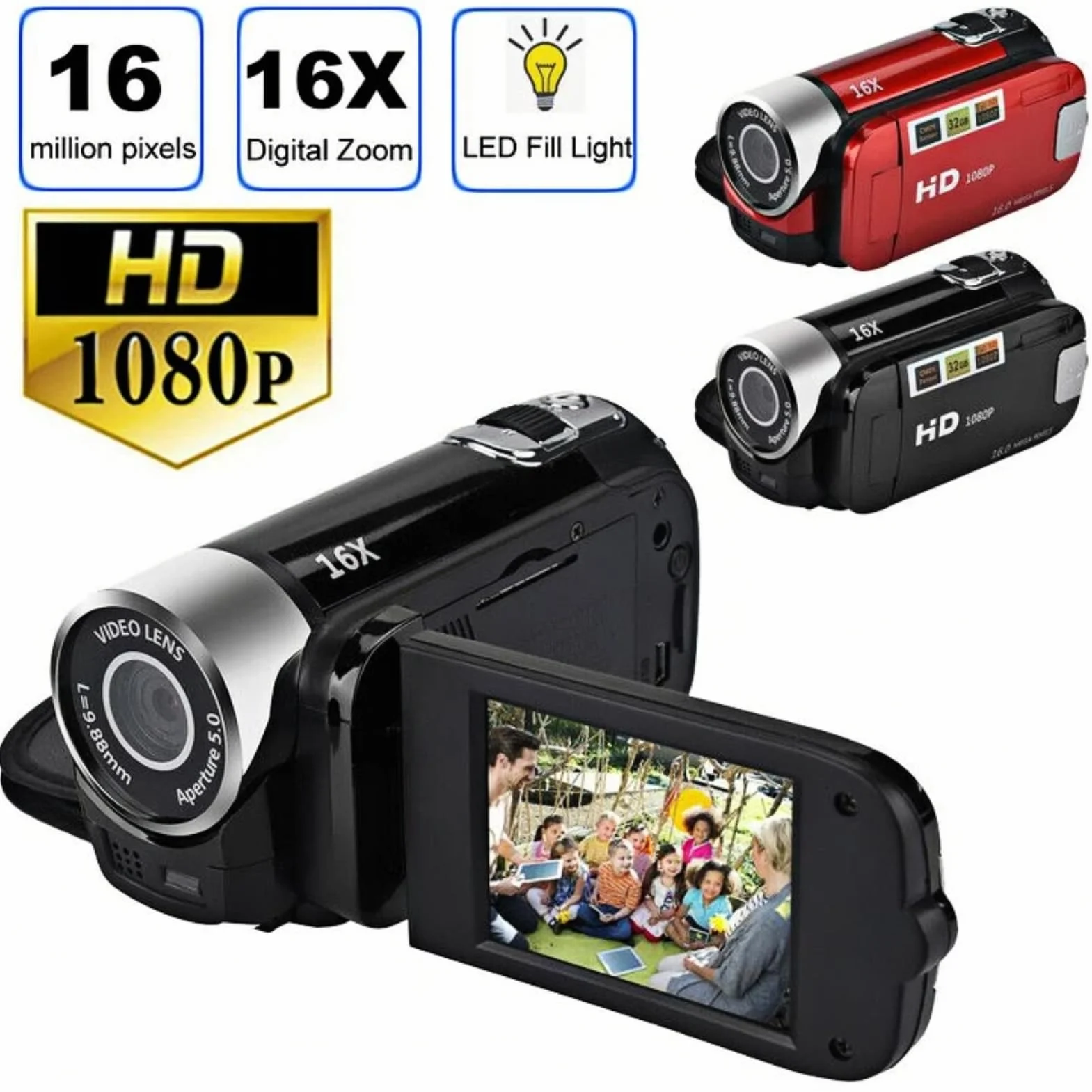 Kamera Dv 1080P 16MP 2,7-calowy Obrotowy Ekran TFT 16-krotny Zoom Cyfrowy dla Dzieci Czarny