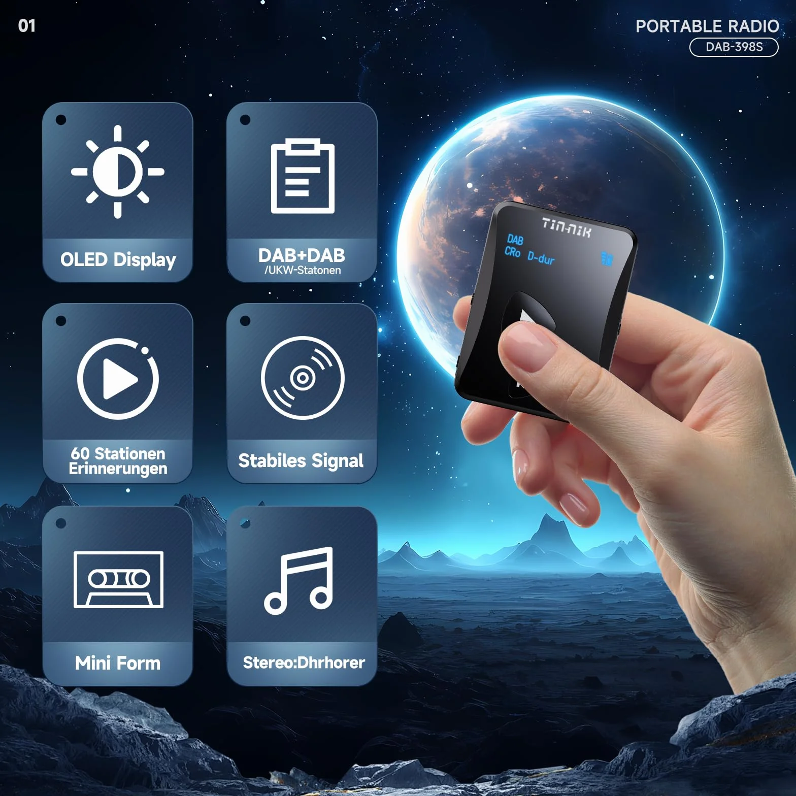Tin-Nik DAB-398S Przenośne Radio DAB/DAB+ RDS FM Cyfrowe Mini-Radio z Akumulatorem i OLED