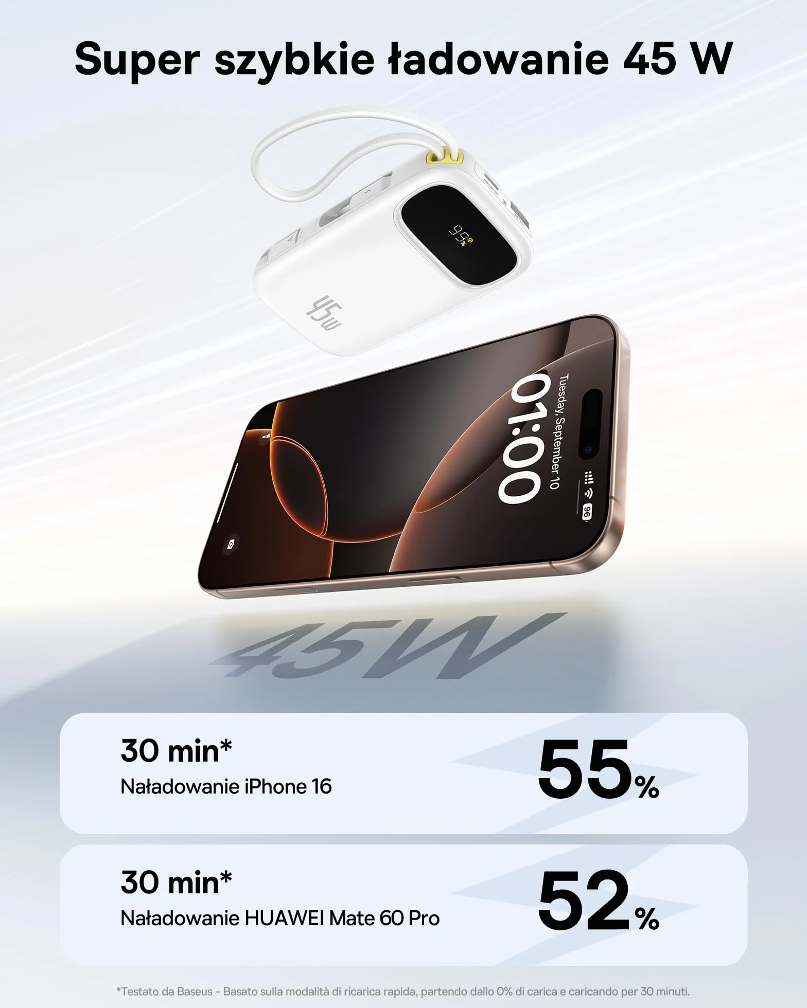 Baseus QPow3 Powerbank 45W 20000mAh z 2 wbudowanymi kablami USB-C PD3.0 QC4.0 Biały