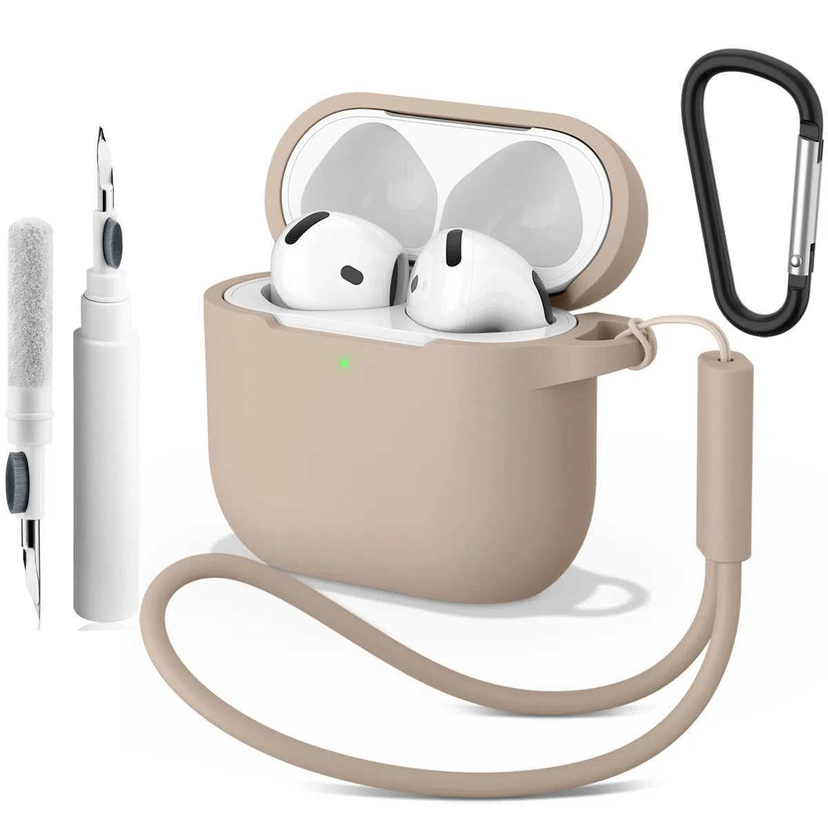 Etui ochronne z silikonu na AirPods 4 (2024), z pędzelkiem do czyszczenia, haczykiem i sznureczkiem, o grubości 2 mm, odporne na uderzenia i zarysowania, zestaw 4 w 1, akcesoria