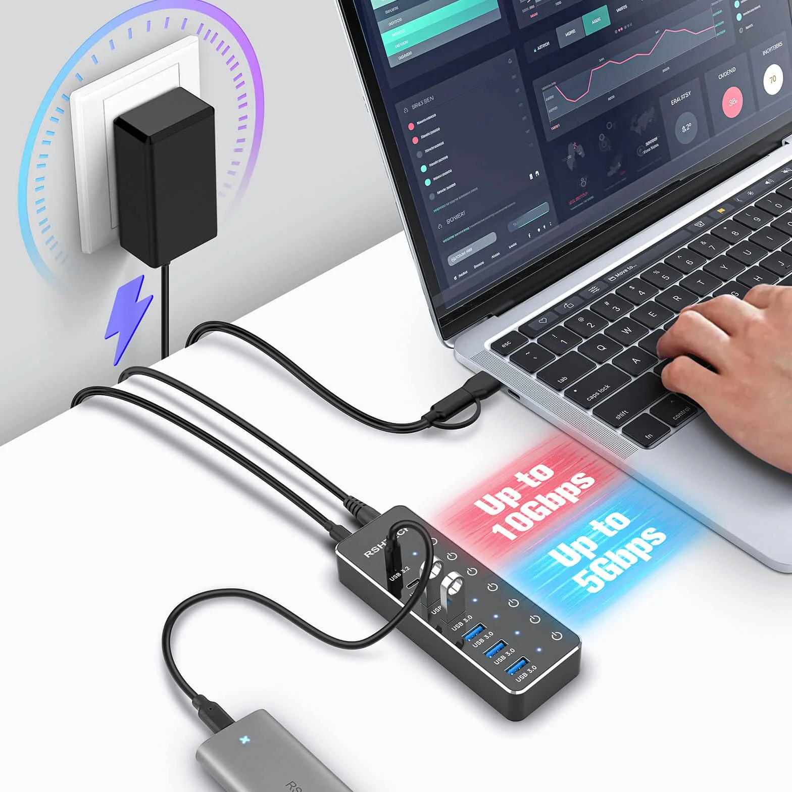 USB C 3.2 Hub Aktywny z zasilaczem, RSHTECH 7-portowy USB 3.1 Gen2 Hub z 3 * 10Gbps portami danych (Typ-A, 2 * Typ-C), 4 * portami Typ-A 3.0 5Gbps, przełącznik dotykowy, kabel danych 2-w-1 (100cm