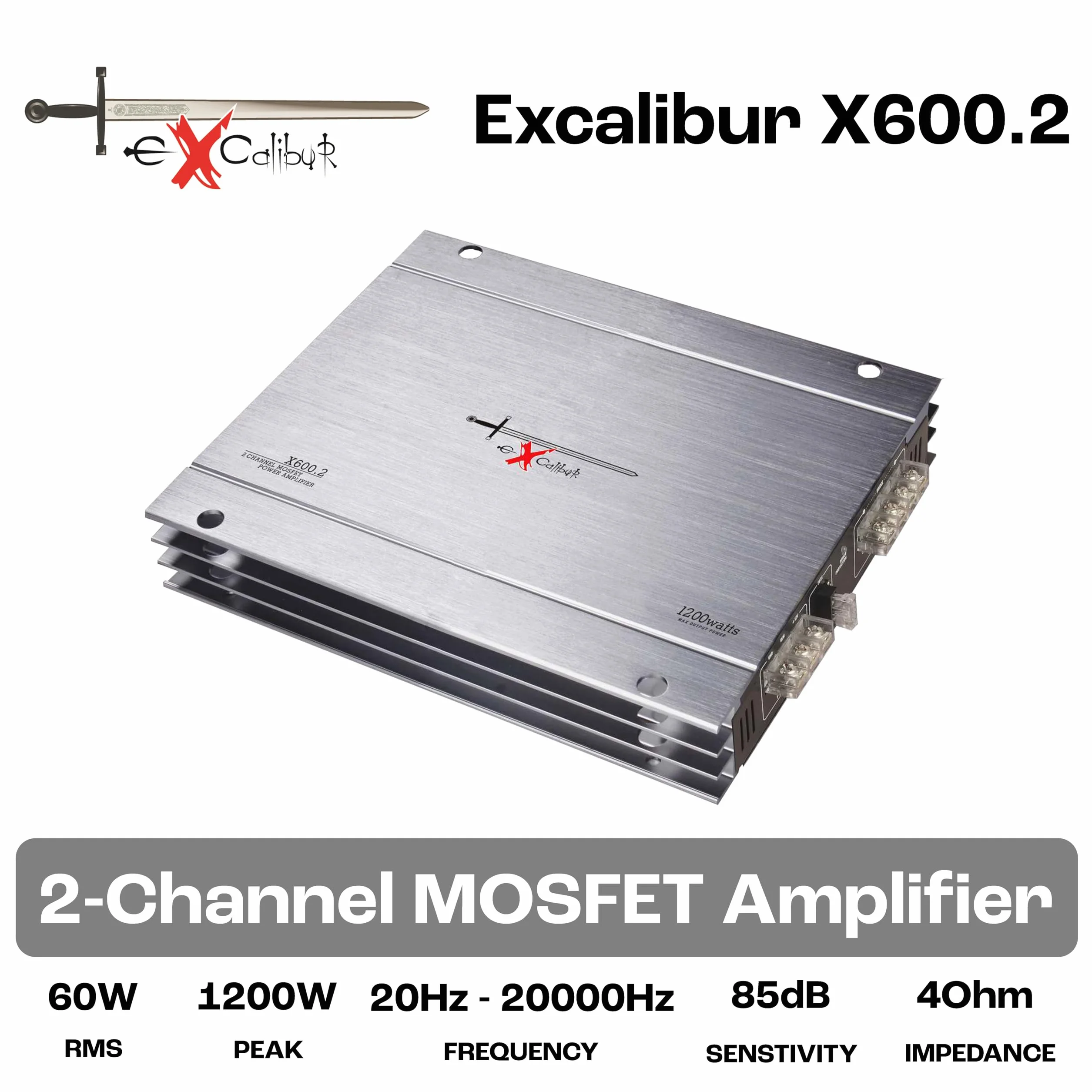 Excalibur X600.2 wzmacniacz samochodowy, 2 kanały, moc 1200 W, Crossover, 2 omy