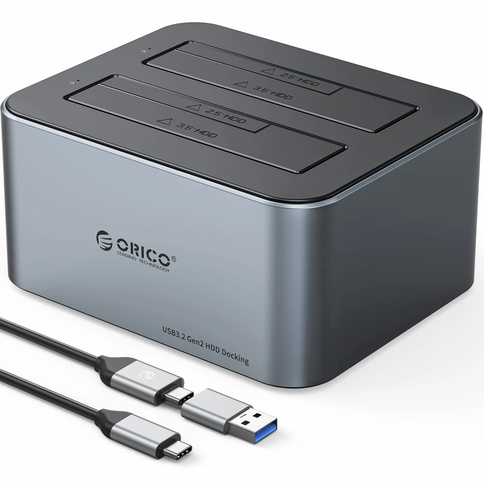 ORICO Aluminiowa stacja dokująca z podwójnym dyskiem twardym, USB 3.2 Gen 2 do SATA 2,5/3,5 cala SSD/HDD, 2 kieszenie, zasilacz 12 V 3 A, obsługuje 2 x 18 TB, bez użycia narzędzi (6626C3)
