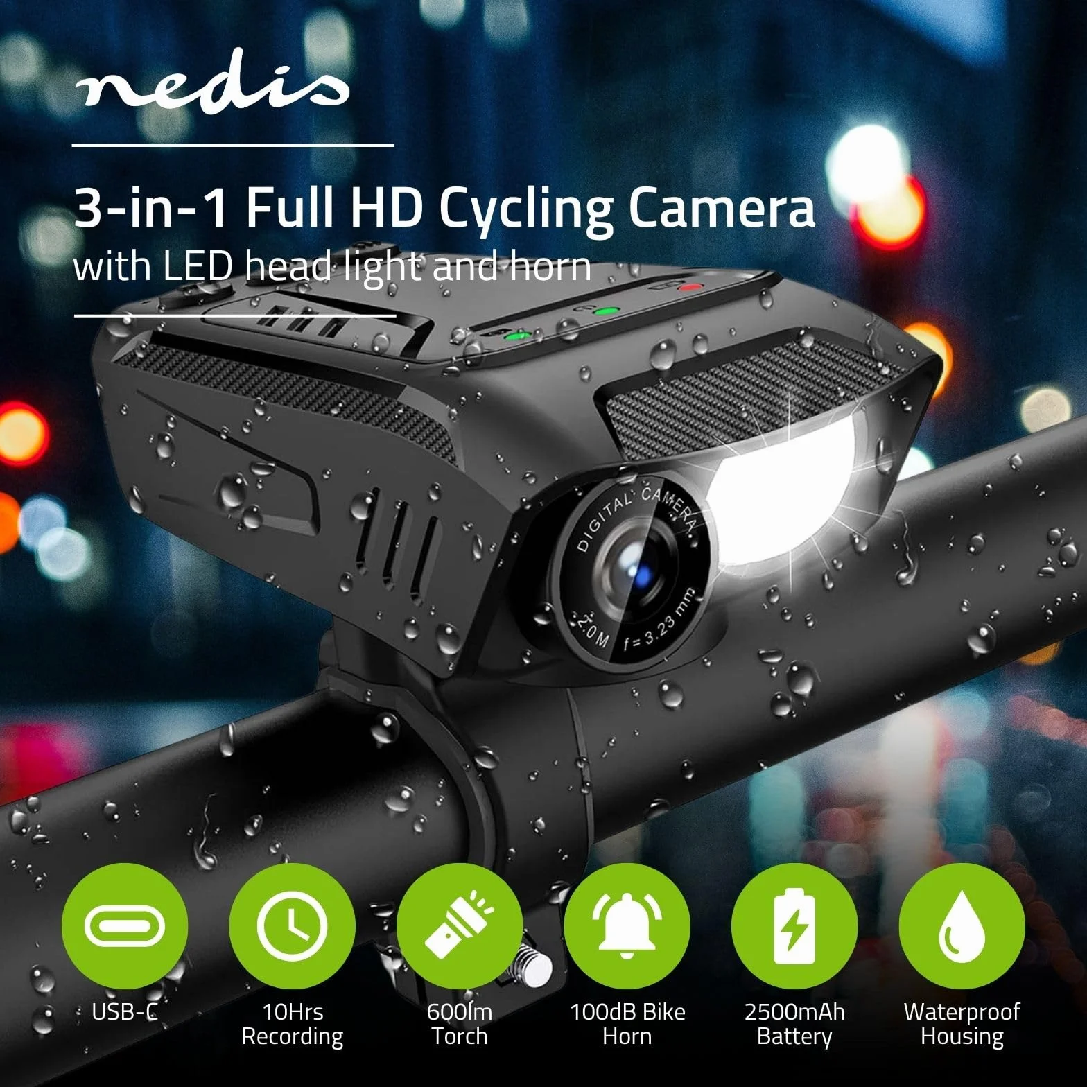 Nedis Kamera rowerowa 1080p 30fps 2 MPixel 600 min 70° czarny