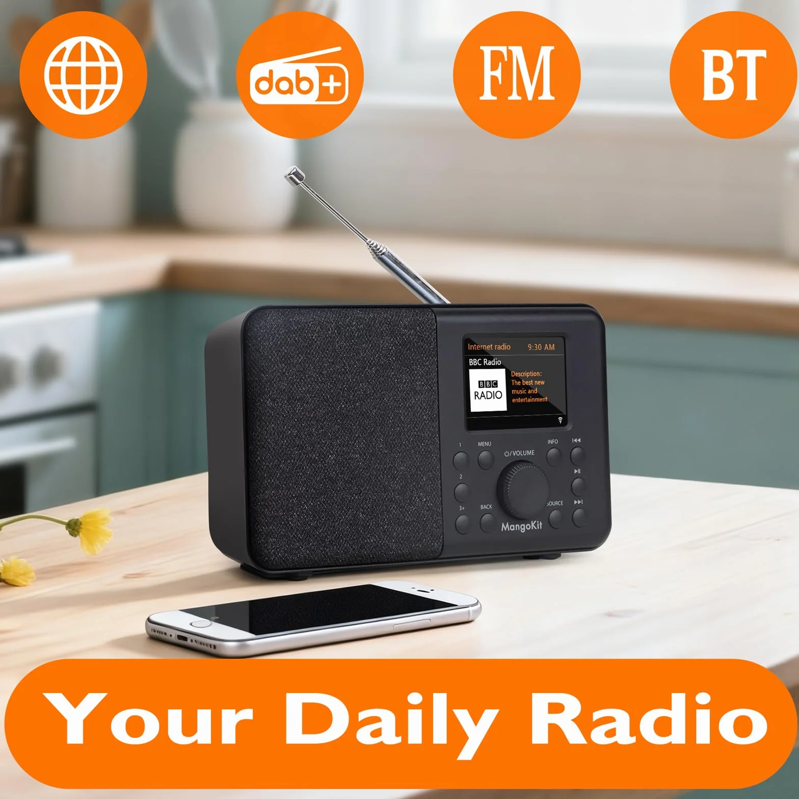 SR10 radio internetowe WiFi z Smart DAB+ i Bluetooth, FM, radio kuchenne z zasilaniem sieciowym i baterią, kolorowy wyświetlacz, podwójny alarm