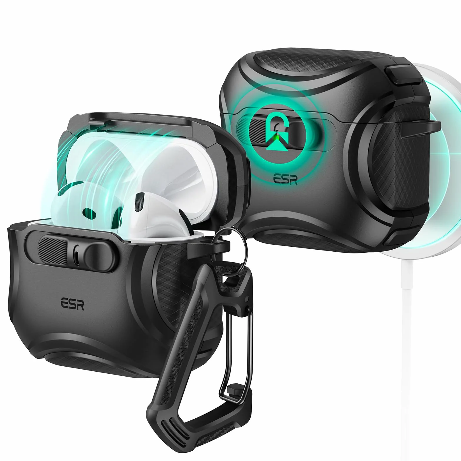 ESR Etui na AirPods 4, kompatybilne z etui AirPods 4. generacji (2024) (USB-C), kompatybilne z Magsafe, zamek chroniący przed upadkiem, łatwe otwieranie, seria Cyber, czarne