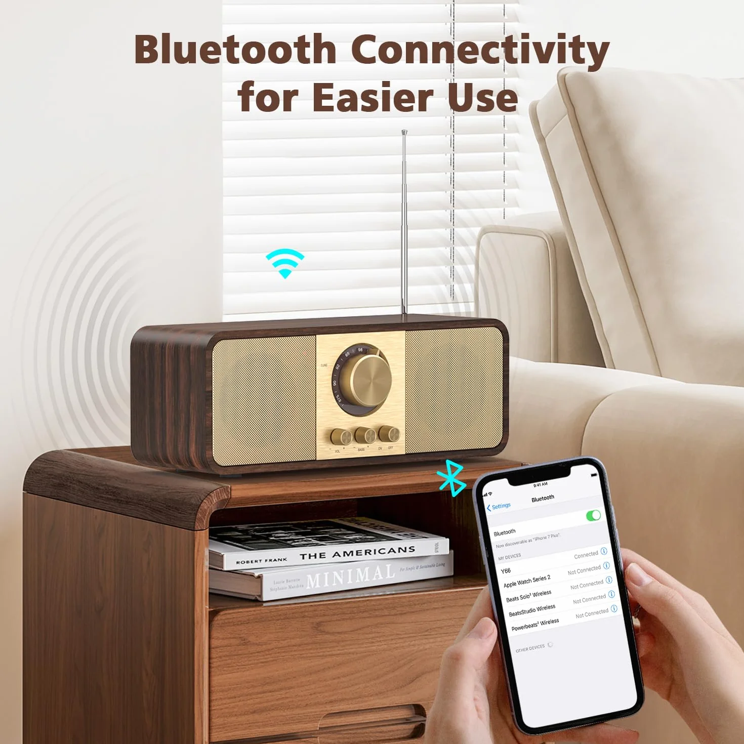 Radio Nostalgia, Radios Retro z Bluetooth i kartą TF, Zasilane Baterią 3000 mAH, z głośnikami Niskotonowymi 2 x 8 W, Radios Retro z AUX/USB, Radio do Kuchni/Sypialni/Biura