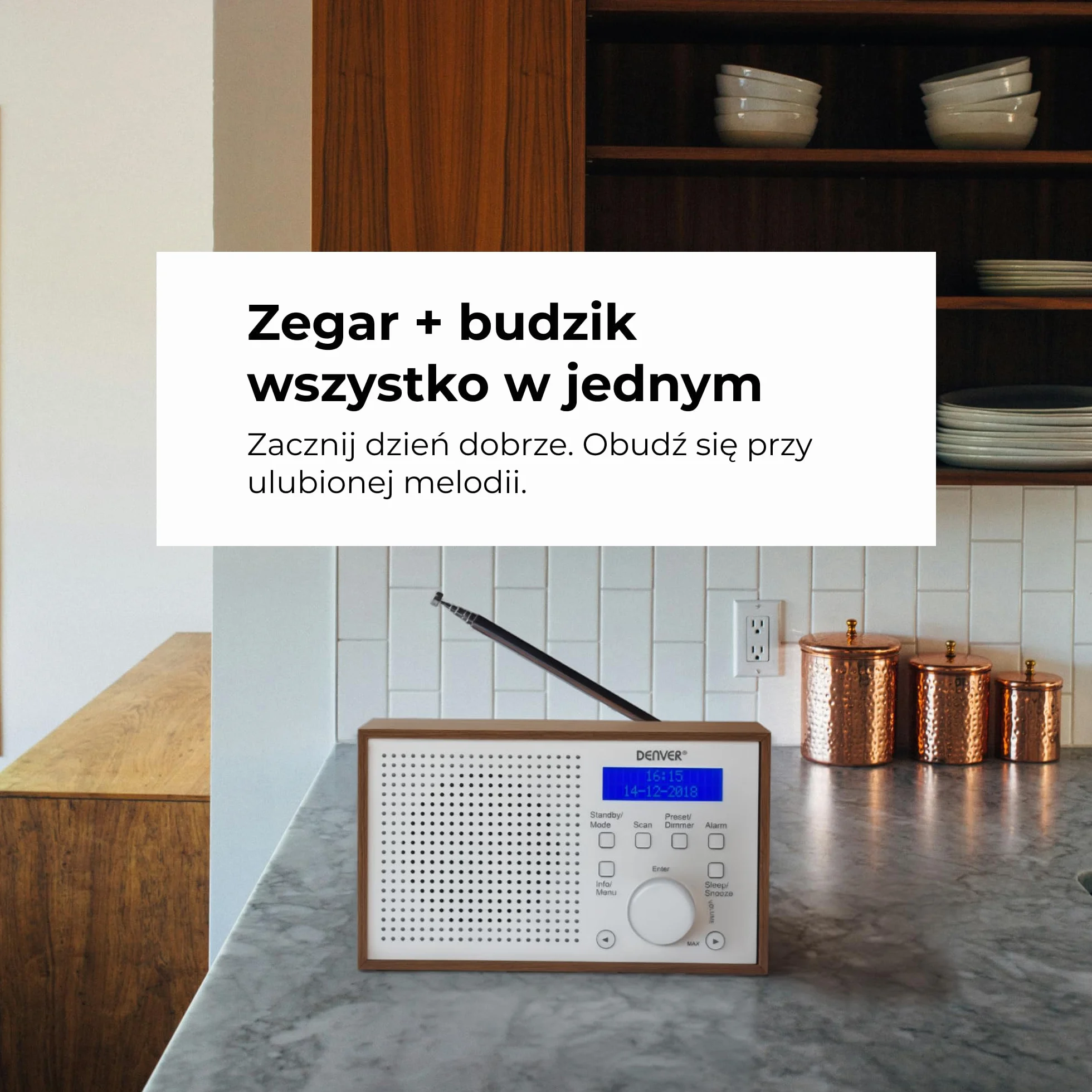 Denver DAB-46 DAB+ Radio FM Zegar Budzik 2 W Wyjście Audio Drewniane Białe