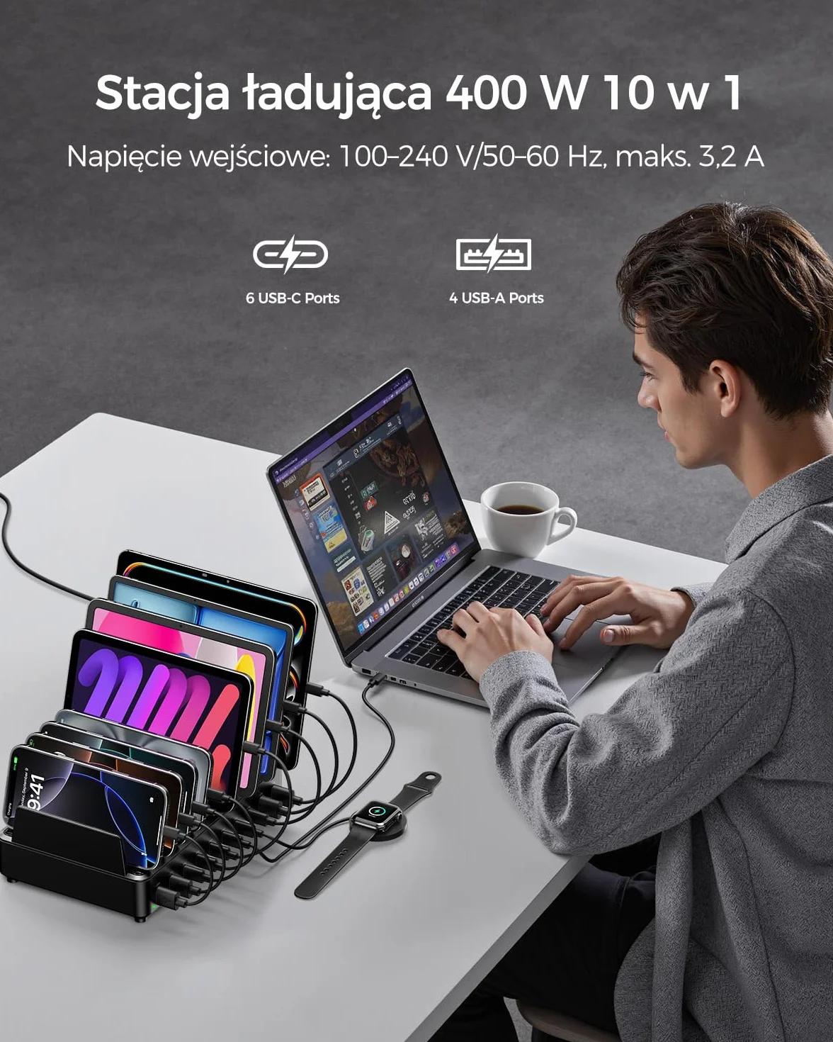 Ładowarka wieloportowa Rocoren USB-C 720W, 8-portowa stacja ładująca PD 140W z 4 portami USB-C i 2 portami A, zasilacz USB GaN do laptopów, MacBooków, iPadów, iPhone'ów, Samsungów i innych urządzeń