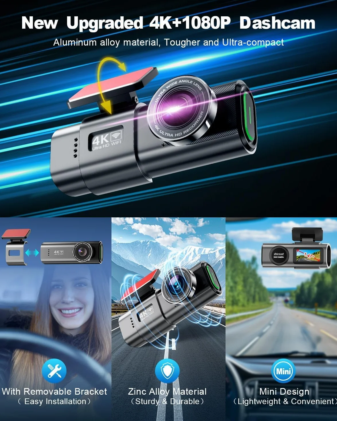 Kamera samochodowa 4K+1080P,z kamerą przód-tył do samochodu, kartą SD 64 GB, Wi-Fi, inteligentnym sterowaniem, WDR, trybem widzenia nocnego, trybem parkowania, czujnikiem G, nagrywaniem w pętli