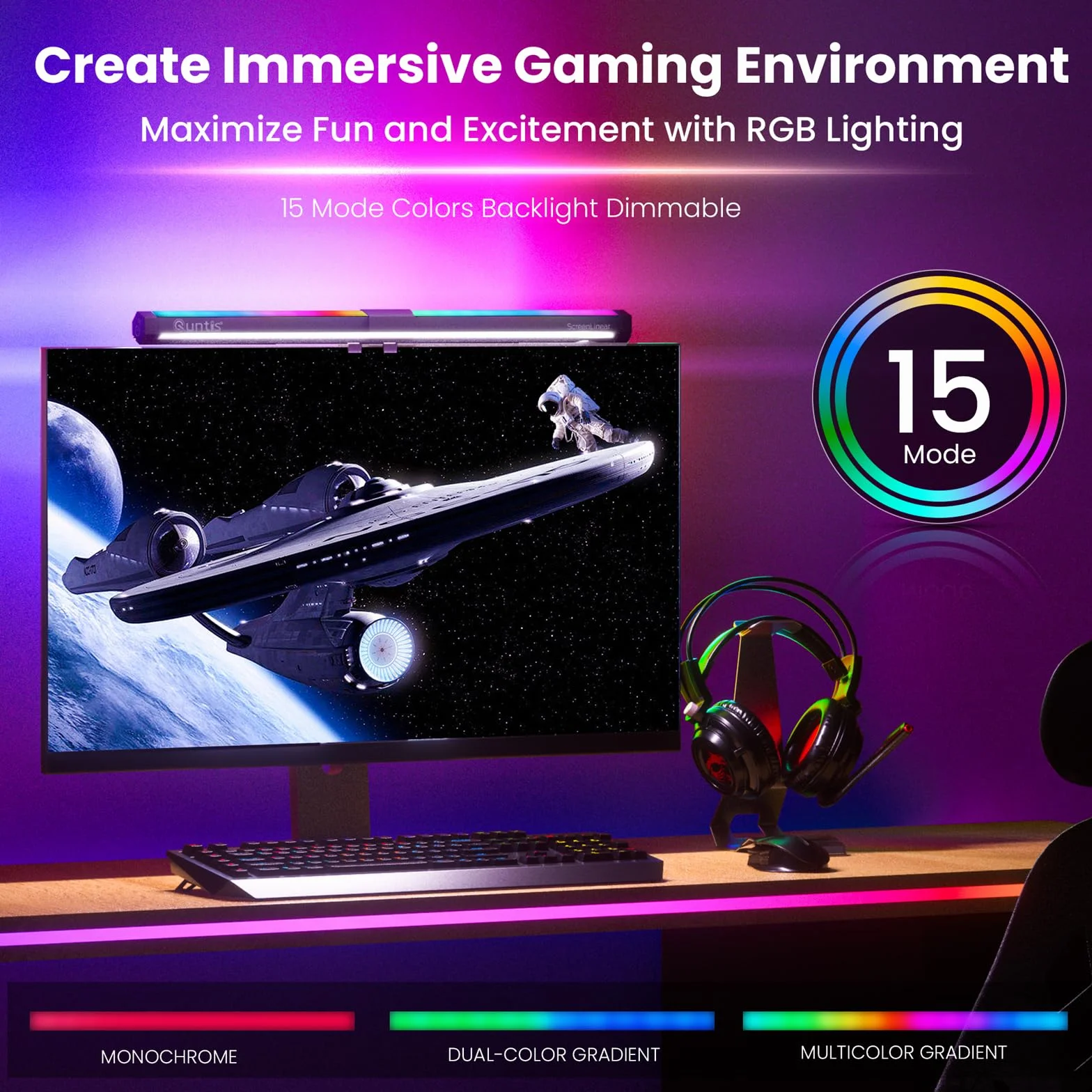 Quntis Lampa do monitora komputerowego z dekoracyjnym podświetleniem RGB, monitor Light Bar z funkcją Touch Control, światło anty-niebieskie, lampa do monitora USB z regulacją temperatury barwowej