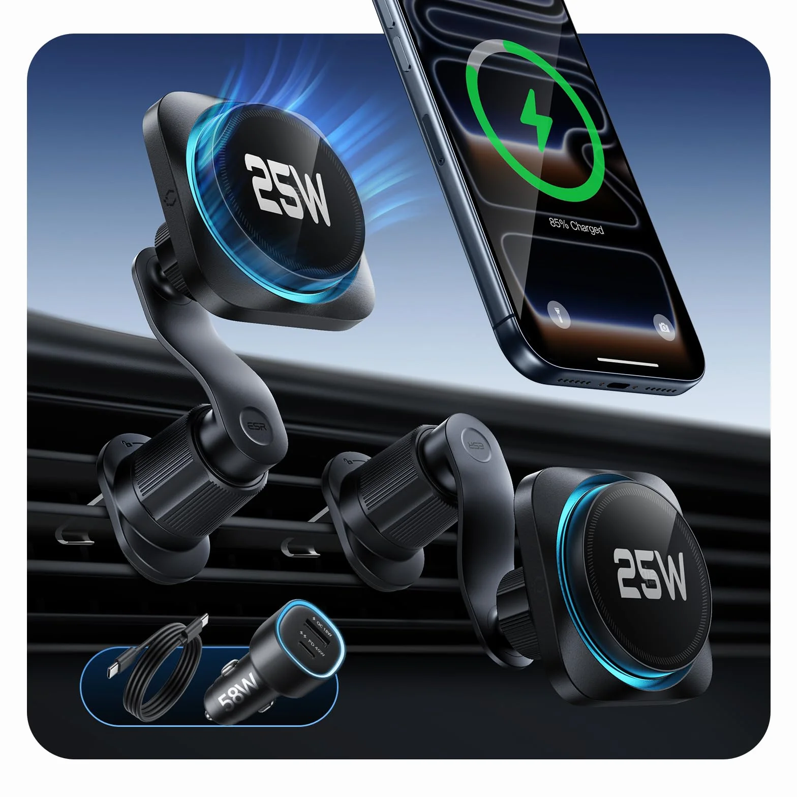 ESR OmniLock Qi2.2 Certyfikowany 25W Ładowarka MagSafe do samochodu z CryoBoost, chłodzenie telefonu, magnetyczny uchwyt na telefon do szczeliny wentylacyjnej, obracany o 360°, kompatybilny z iPhone