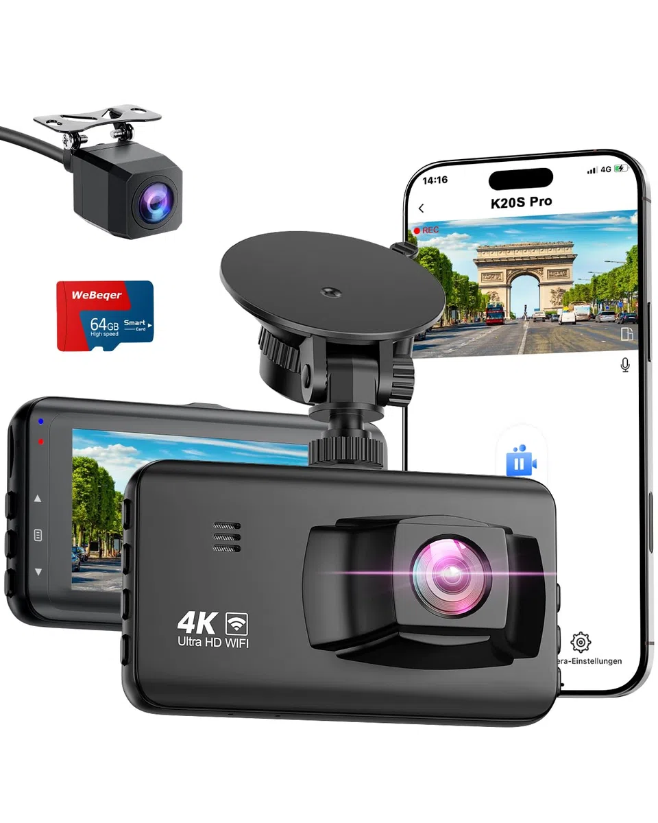 Kamera samochodowa na deskę rozdzielczą 4K, WiFi z kartą SD 64 GB, funkcja noktowizoru, kąt widzenia 170°+140°, IPS, monitorowanie parkowania, czujnik G, nagrywanie w pętli, kabel do ładowania, maks.