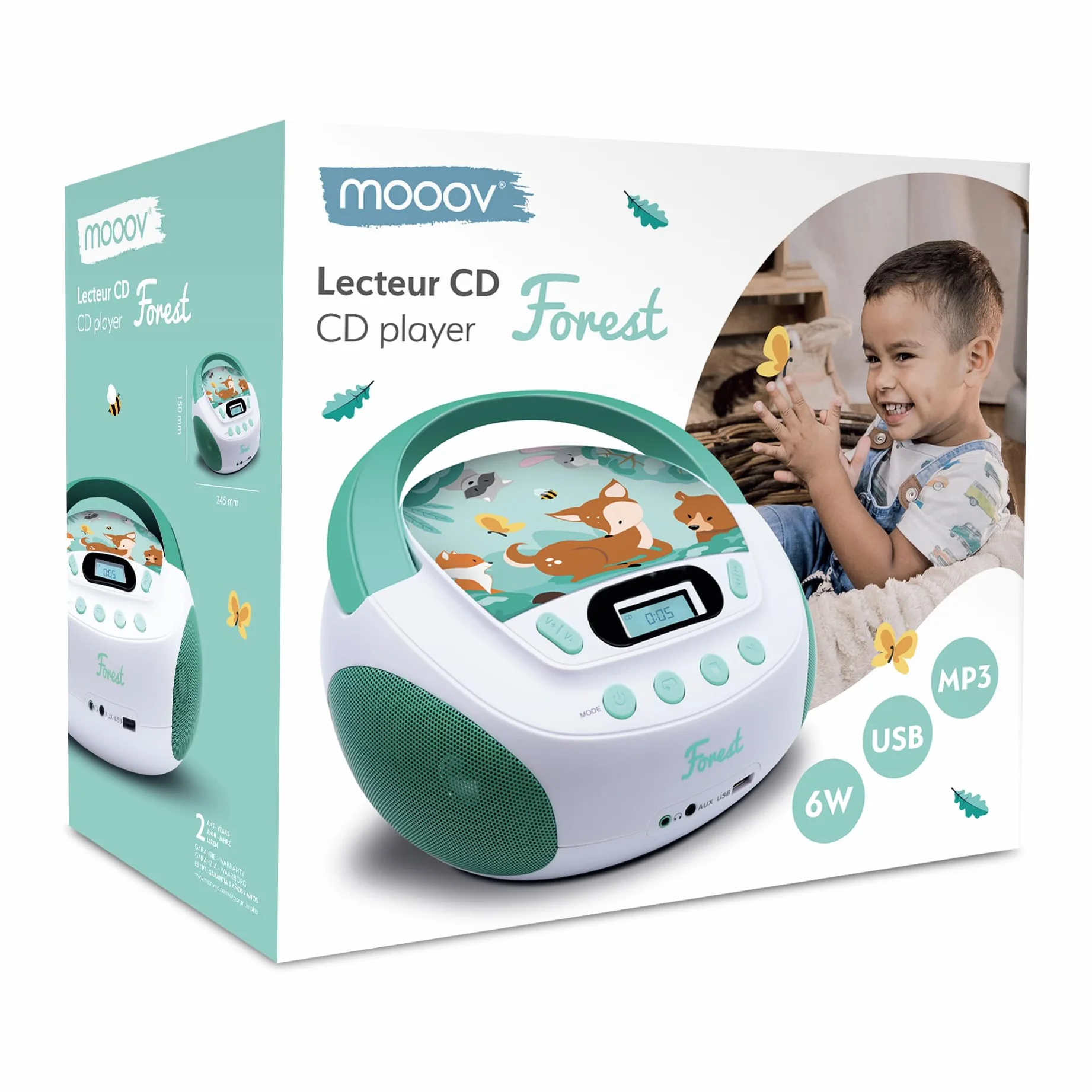 Odtwarzacz CD MP3 Forest Metronic dla dzieci z portem USB i wejściem audio Biały/Zielony