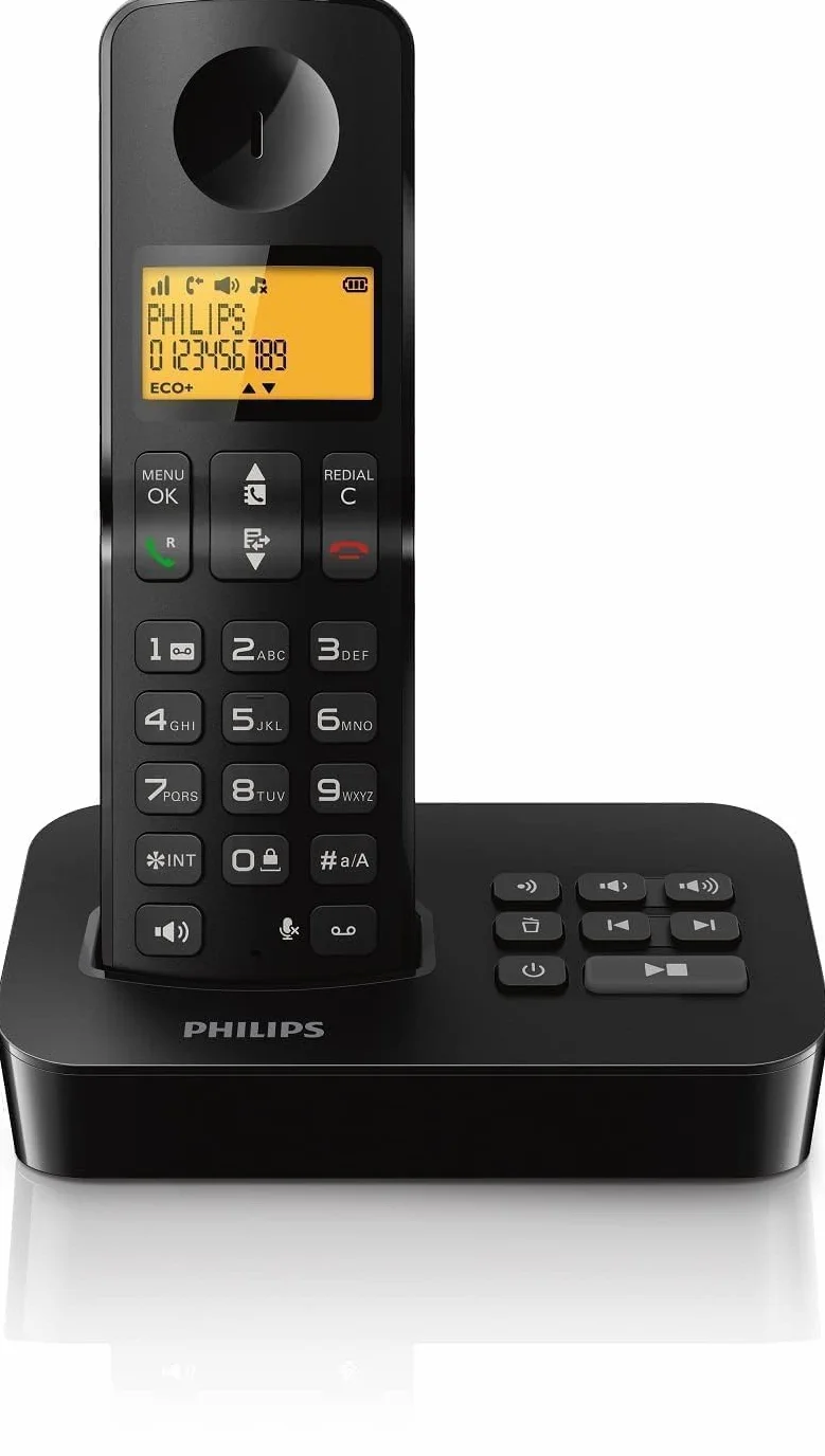 PHILIPS Telefon bezprzewodowy D2651B/01 Dom Single - Telefon stacjonarny z automatyczną sekretarką - Ekran 1'6 cala - Kalendarz - Rozpoznawanie Numerów - Szeroki zasięg - Czarny