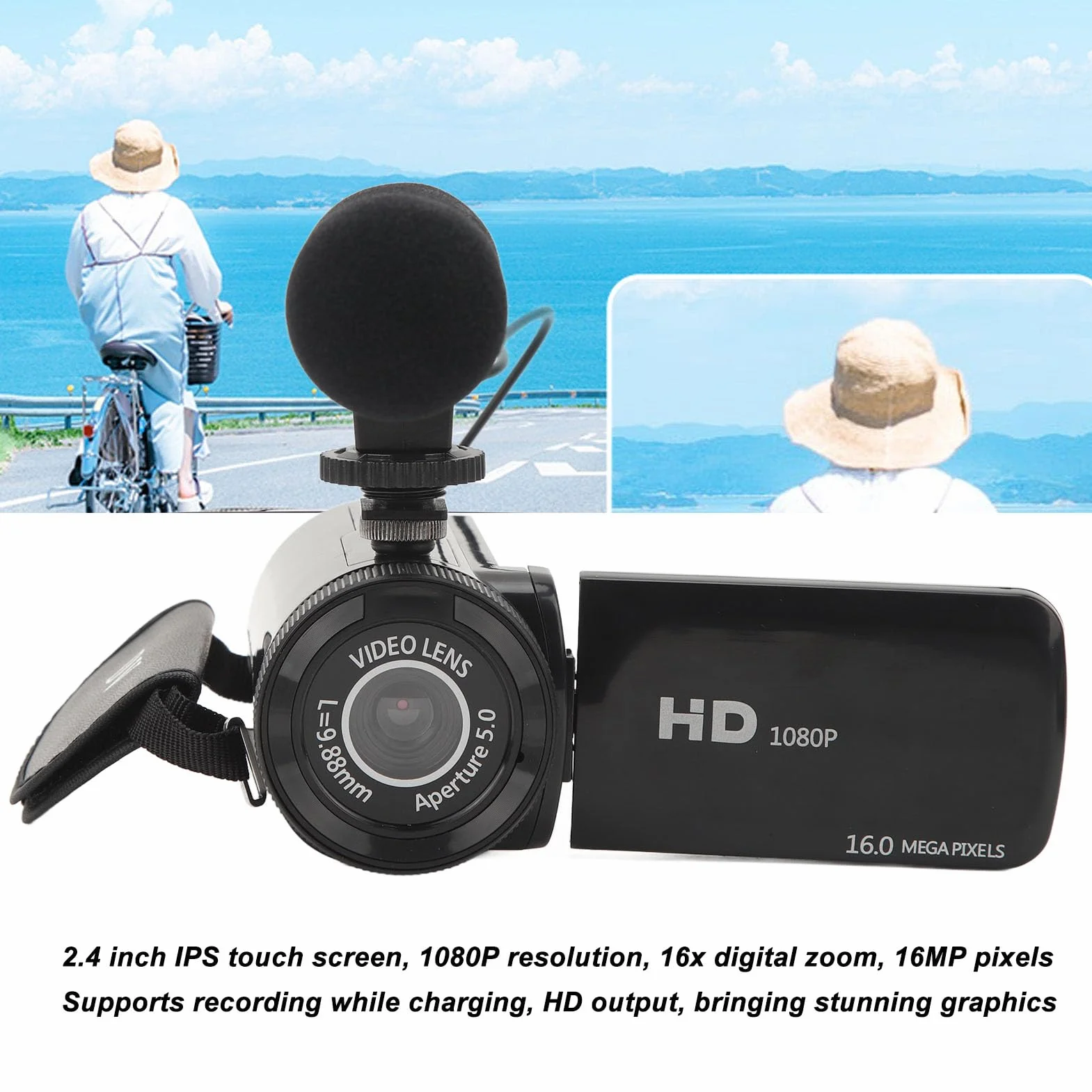 Annadue Kamera wideo Full HD 1080p 16 MP zoom 16x z ekranem dotykowym IPS 6.1 cm do YouTube